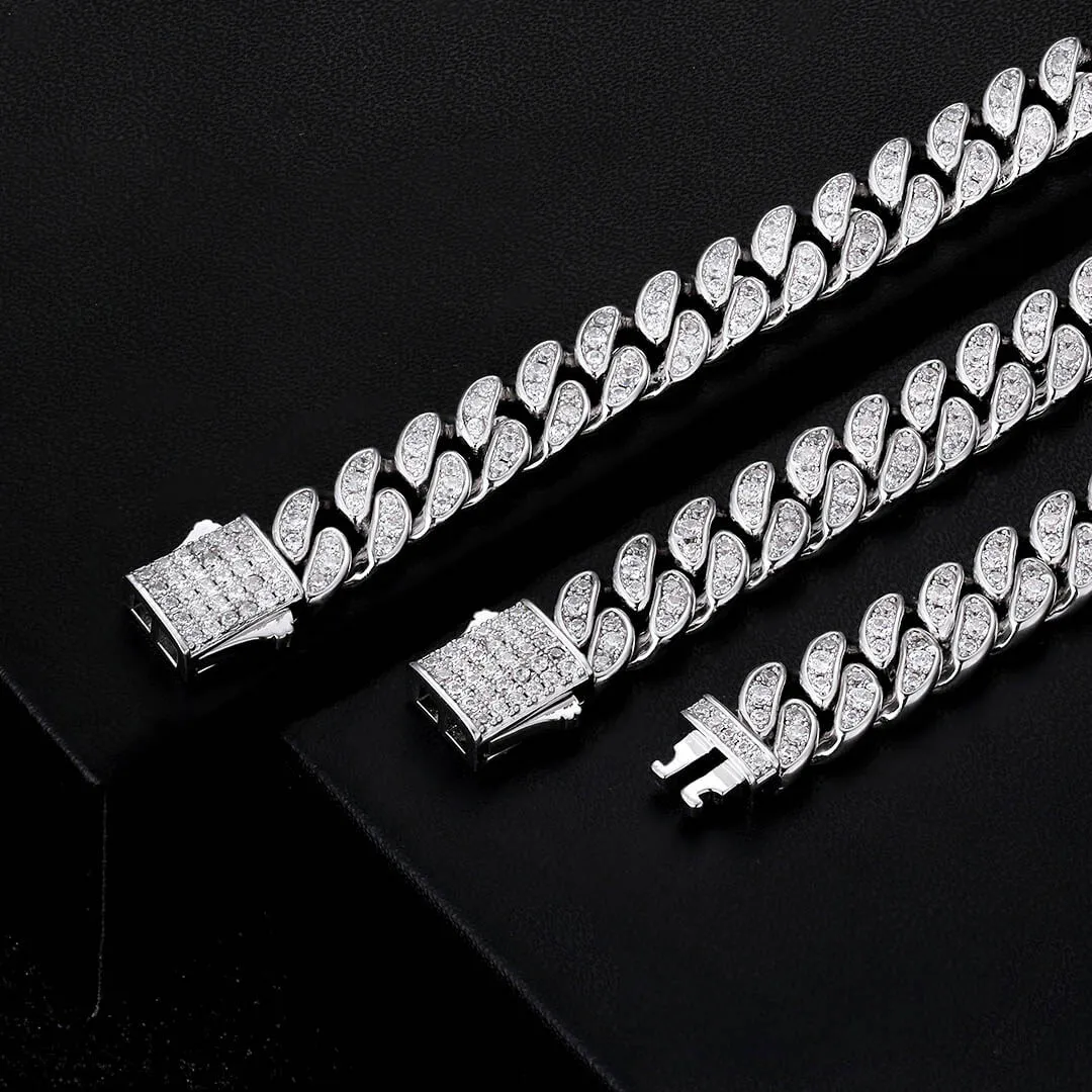 KRKC 8mm Iced Out Cuban Chain and Bracelet Set in White Gold/Rose Gold for Women