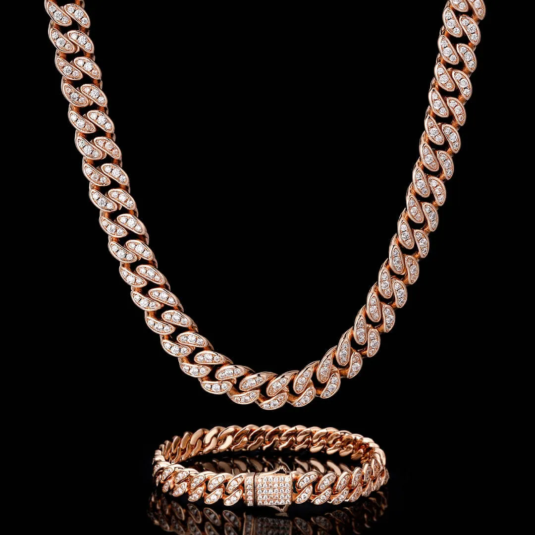 KRKC 8mm Iced Out Cuban Chain and Bracelet Set in White Gold/Rose Gold for Women