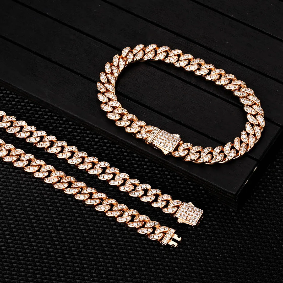 KRKC 8mm Iced Out Cuban Chain and Bracelet Set in White Gold/Rose Gold for Women