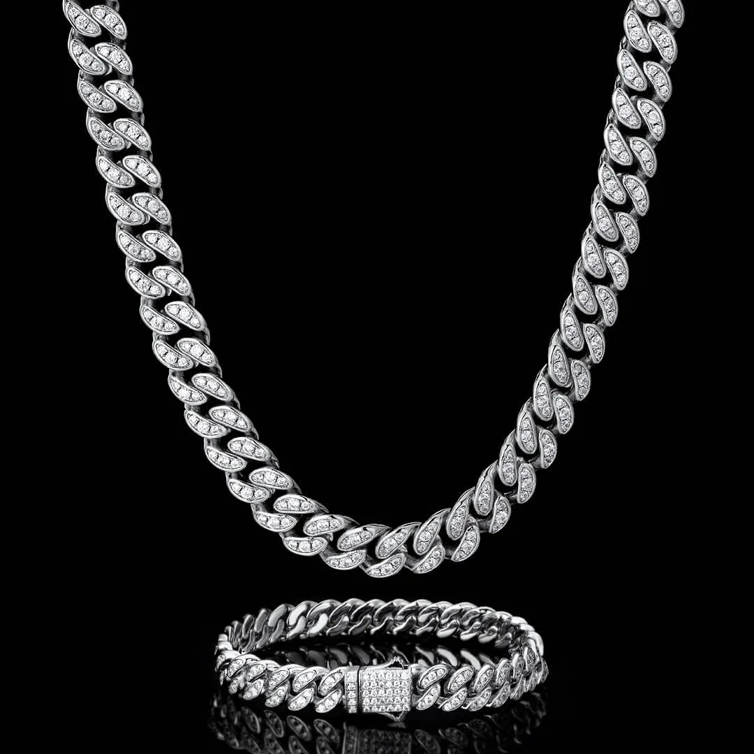 KRKC 8mm Iced Out Cuban Chain and Bracelet Set in White Gold/Rose Gold for Women