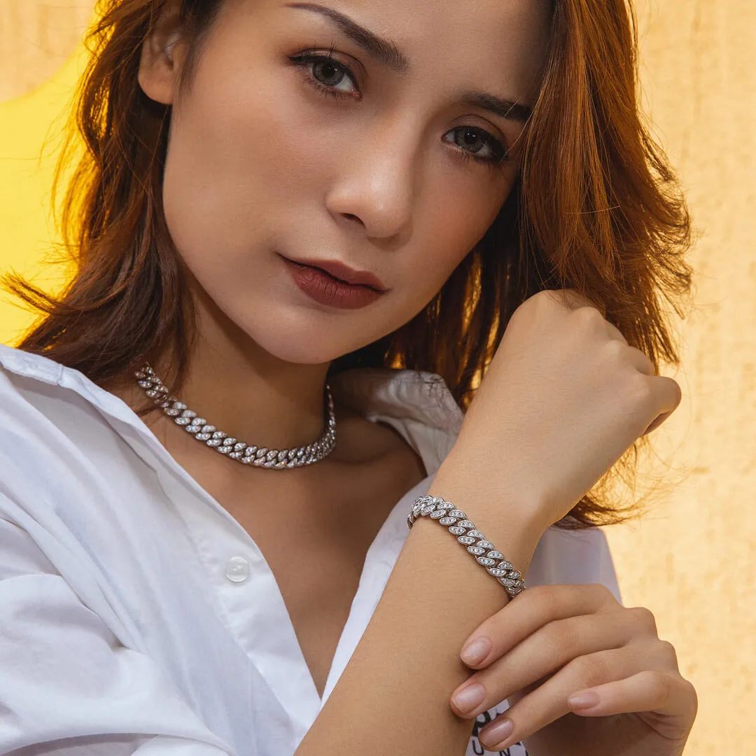 KRKC 8mm Iced Out Cuban Chain and Bracelet Set in White Gold/Rose Gold for Women