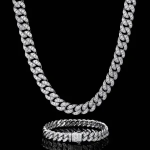 KRKC 8mm Iced Out Cuban Chain and Bracelet Set in White Gold/Rose Gold for Women
