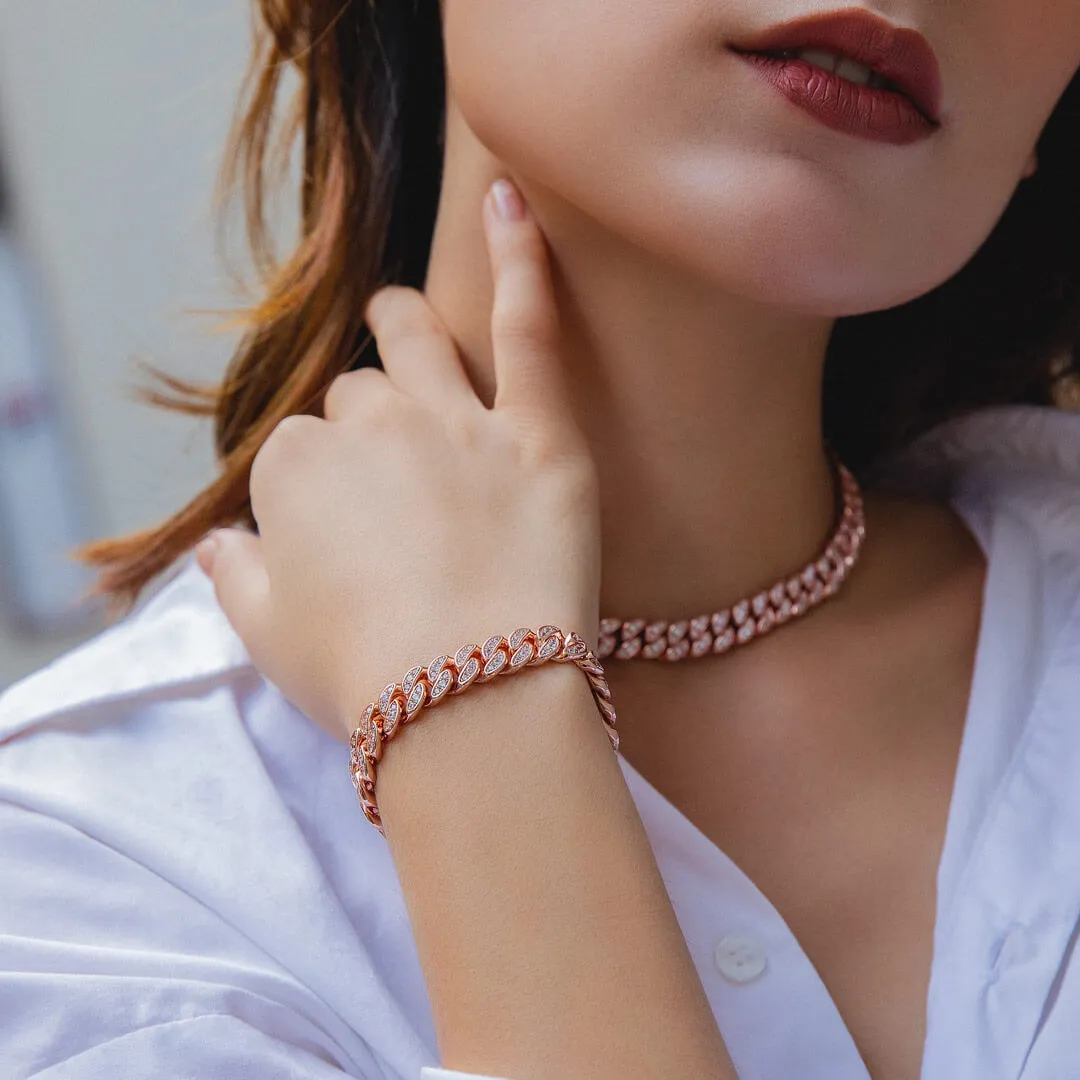 KRKC 8mm Iced Out Cuban Link Bracelet in White Gold/Rose Gold for Women