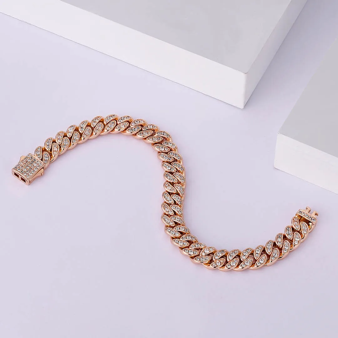 KRKC 8mm Iced Out Cuban Link Bracelet in White Gold/Rose Gold for Women
