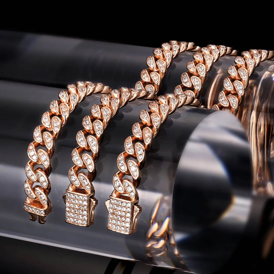 KRKC 8mm Iced Out Cuban Link Chain in White Gold/Rose Gold for Women