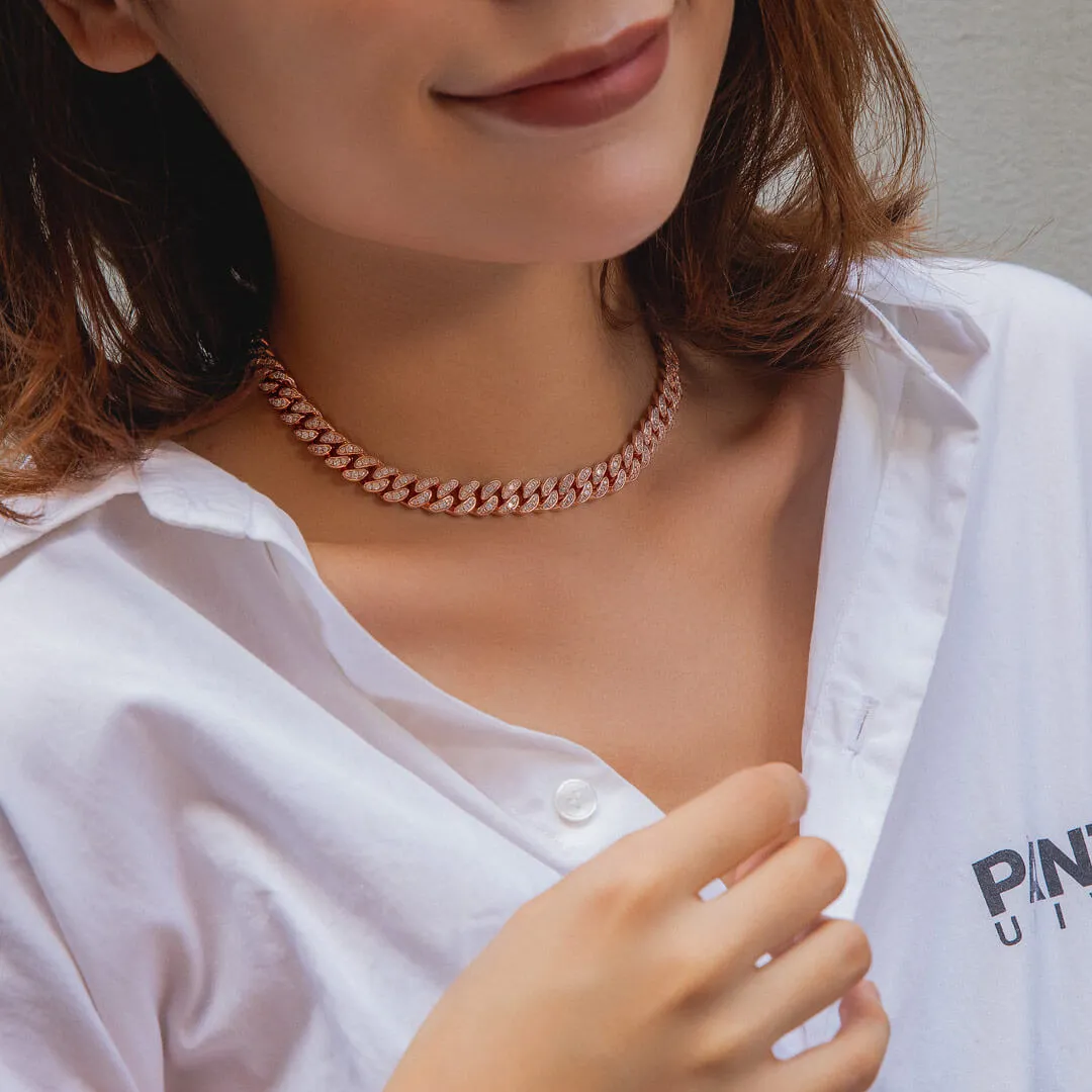 KRKC 8mm Iced Out Cuban Link Chain in White Gold/Rose Gold for Women