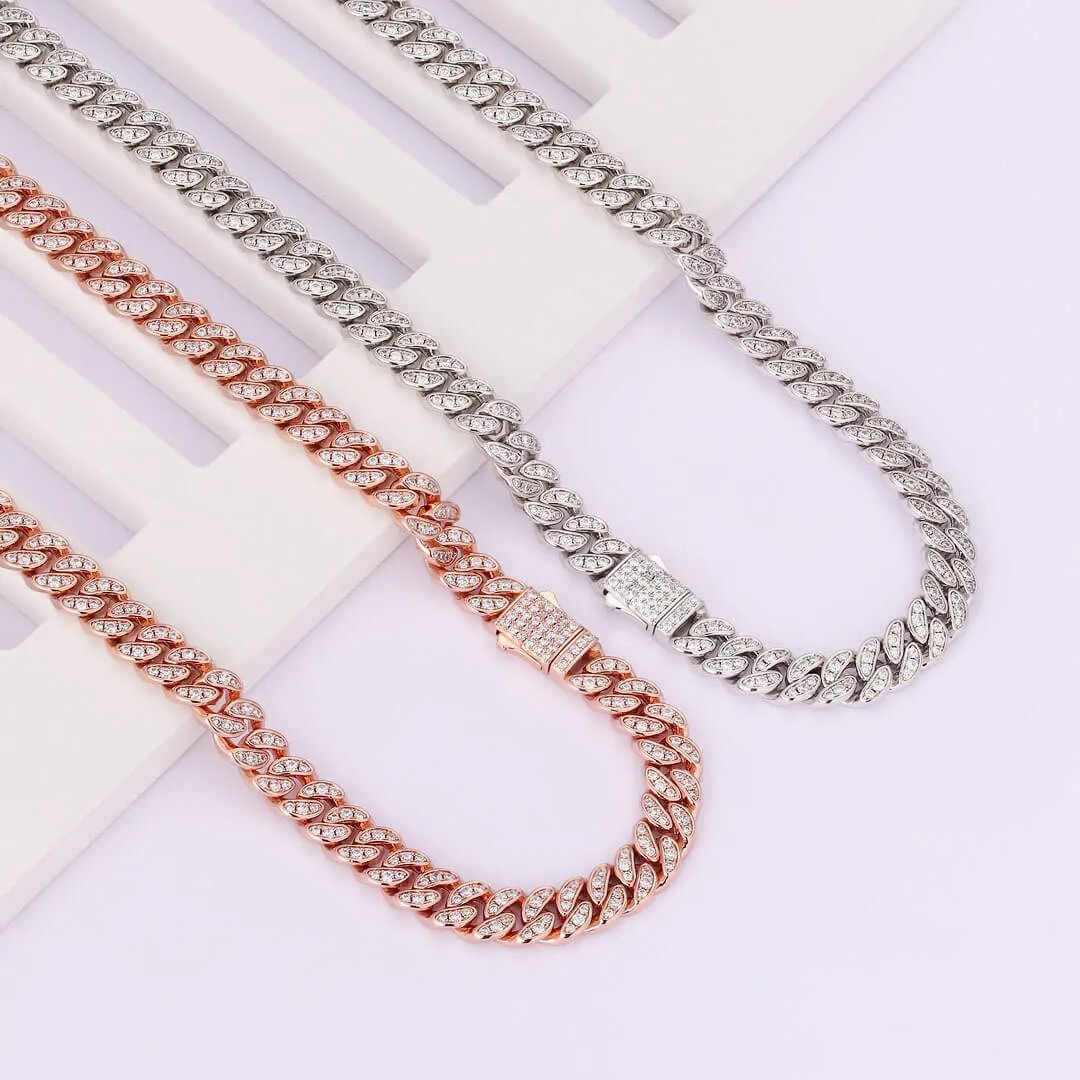 KRKC 8mm Iced Out Cuban Link Chain in White Gold/Rose Gold for Women