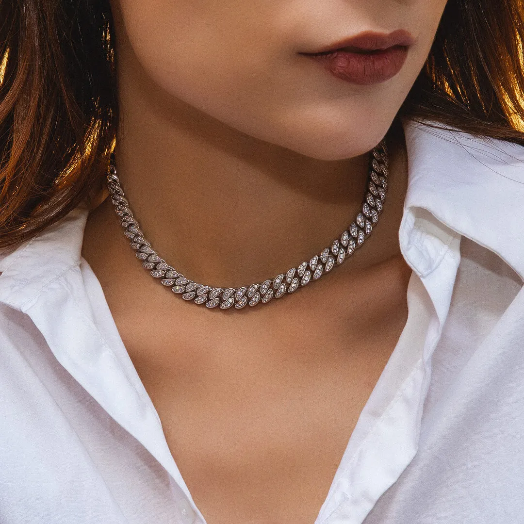 KRKC 8mm Iced Out Cuban Link Chain in White Gold/Rose Gold for Women