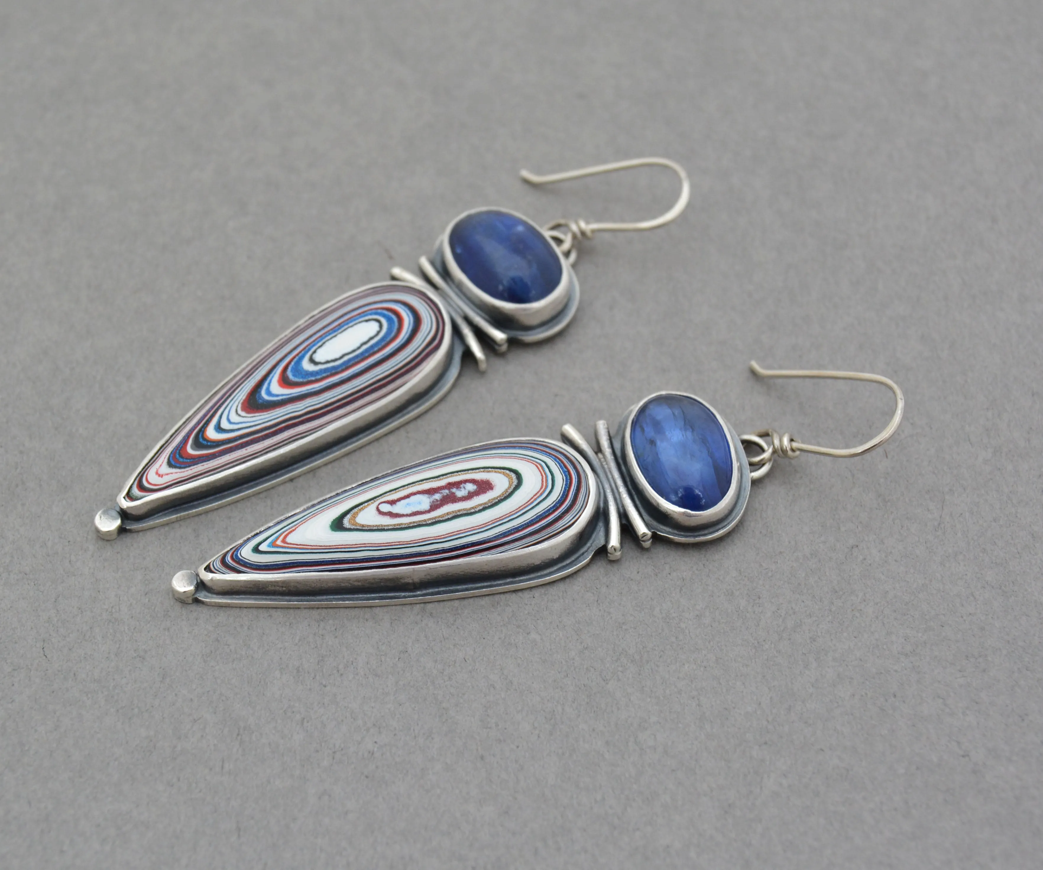 Kyanite and Fordite Dangle Earrings.