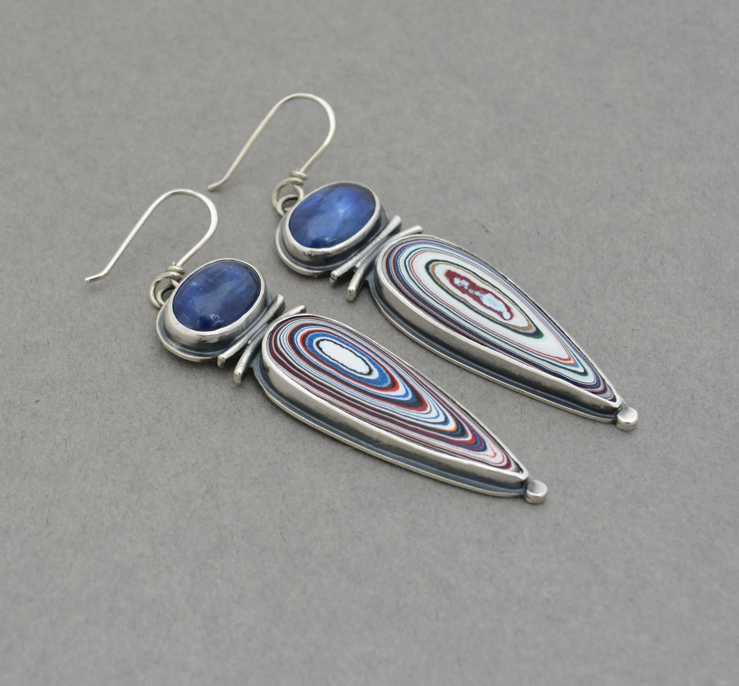 Kyanite and Fordite Dangle Earrings.