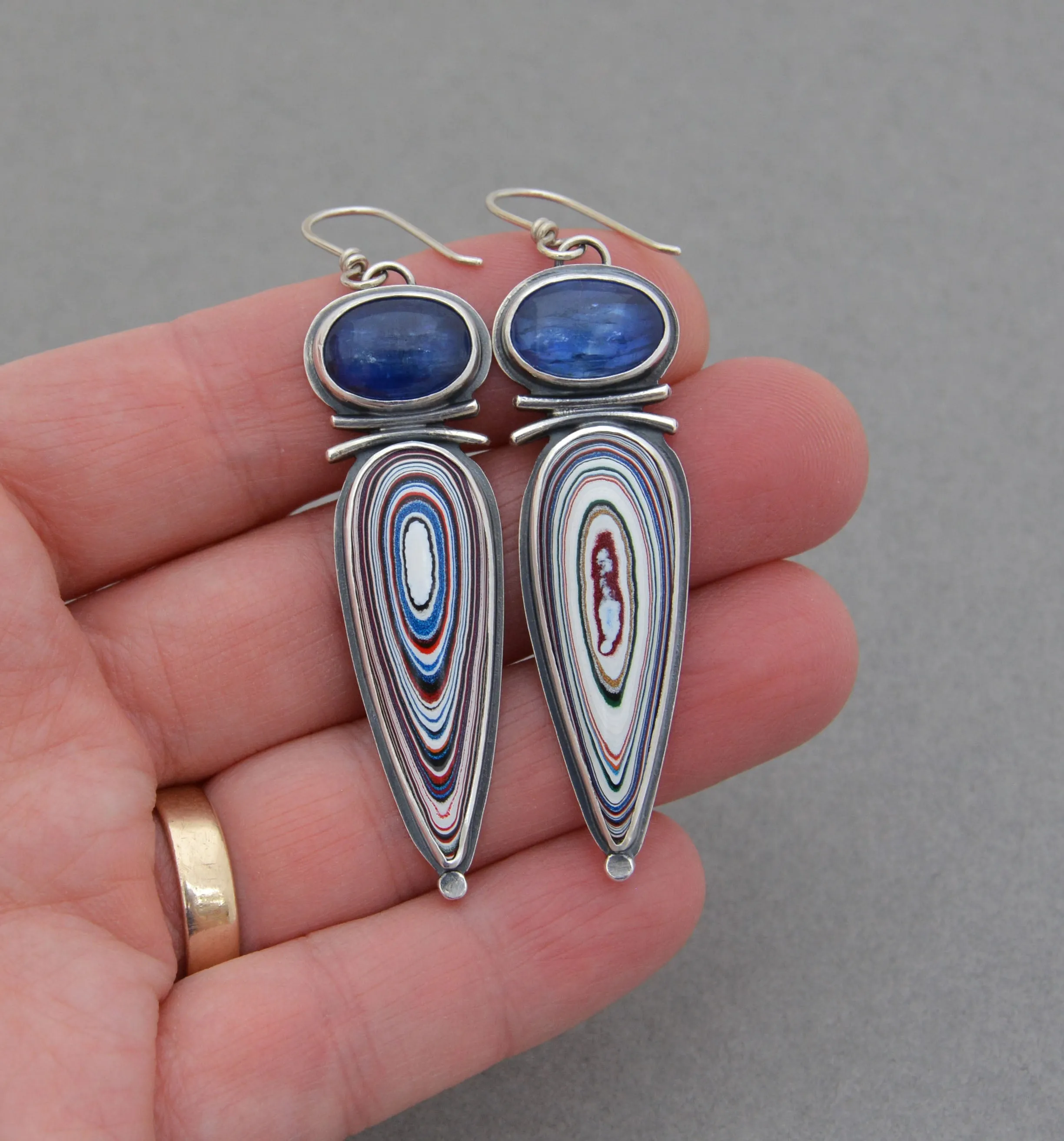 Kyanite and Fordite Dangle Earrings.
