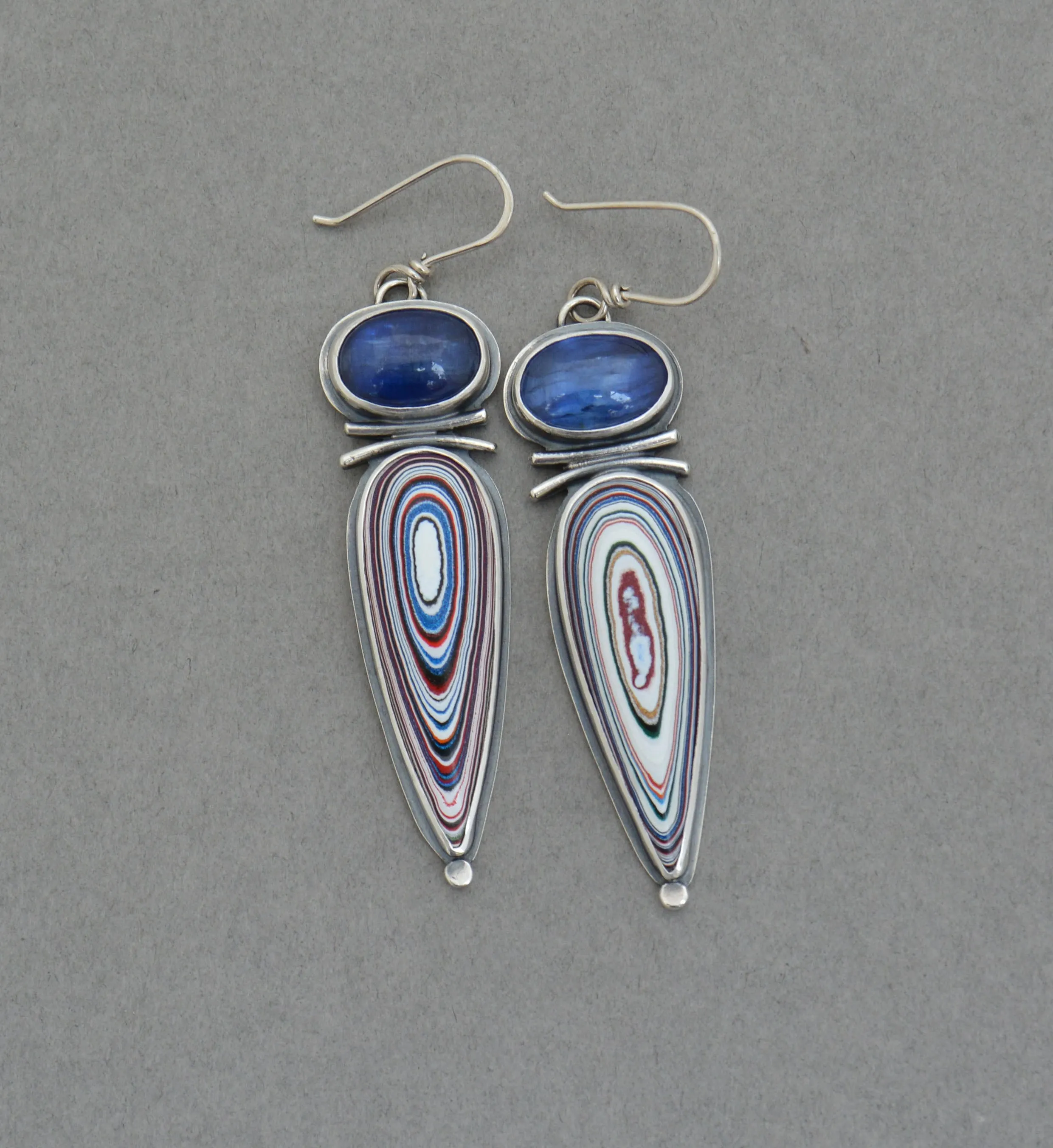 Kyanite and Fordite Dangle Earrings.