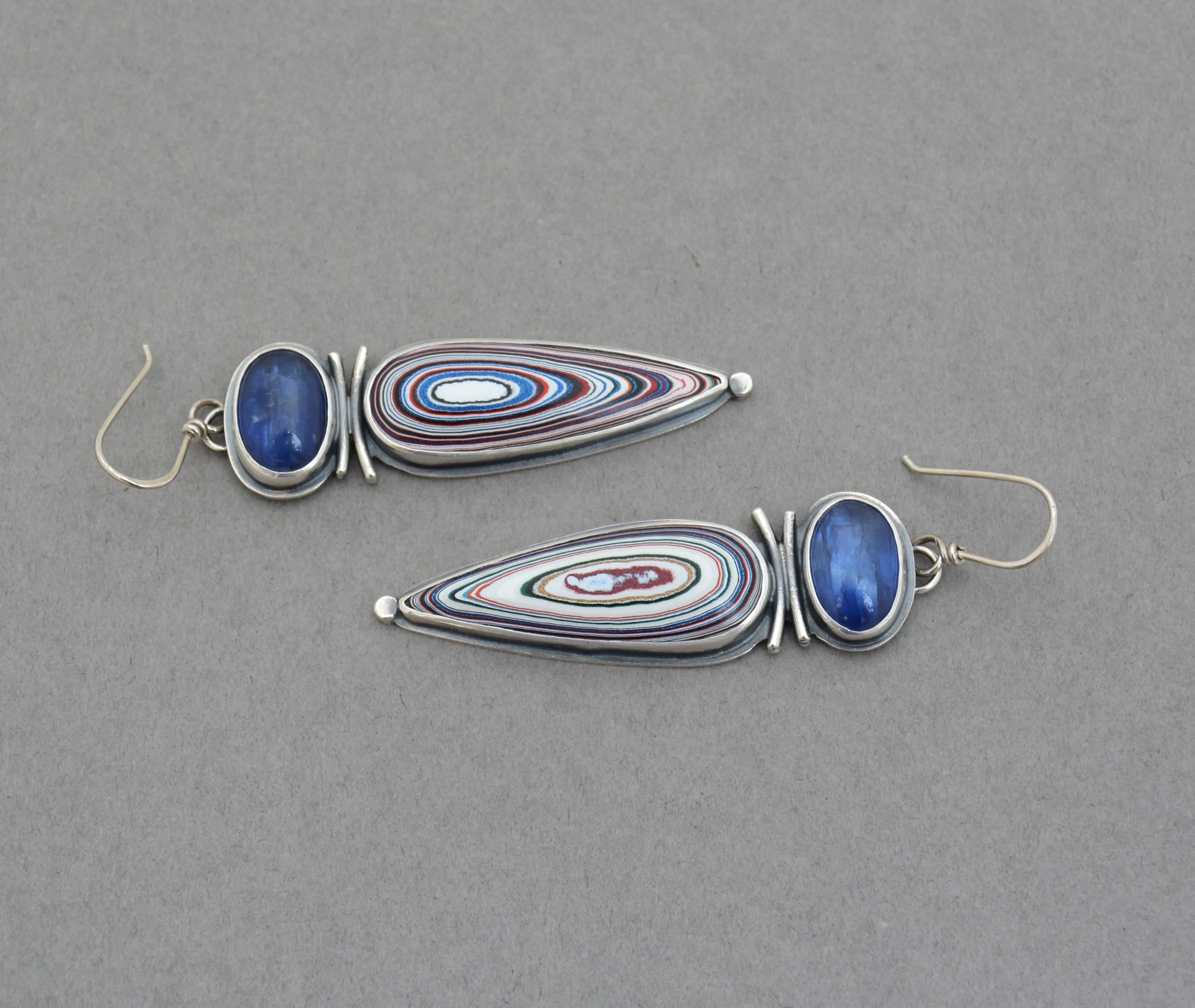 Kyanite and Fordite Dangle Earrings.
