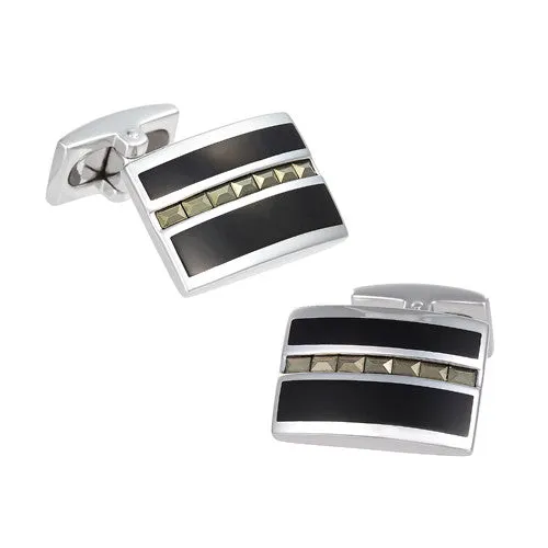 Linear Baguette Pattern Onyx Sterling Silver Cufflinks I Jan Leslie