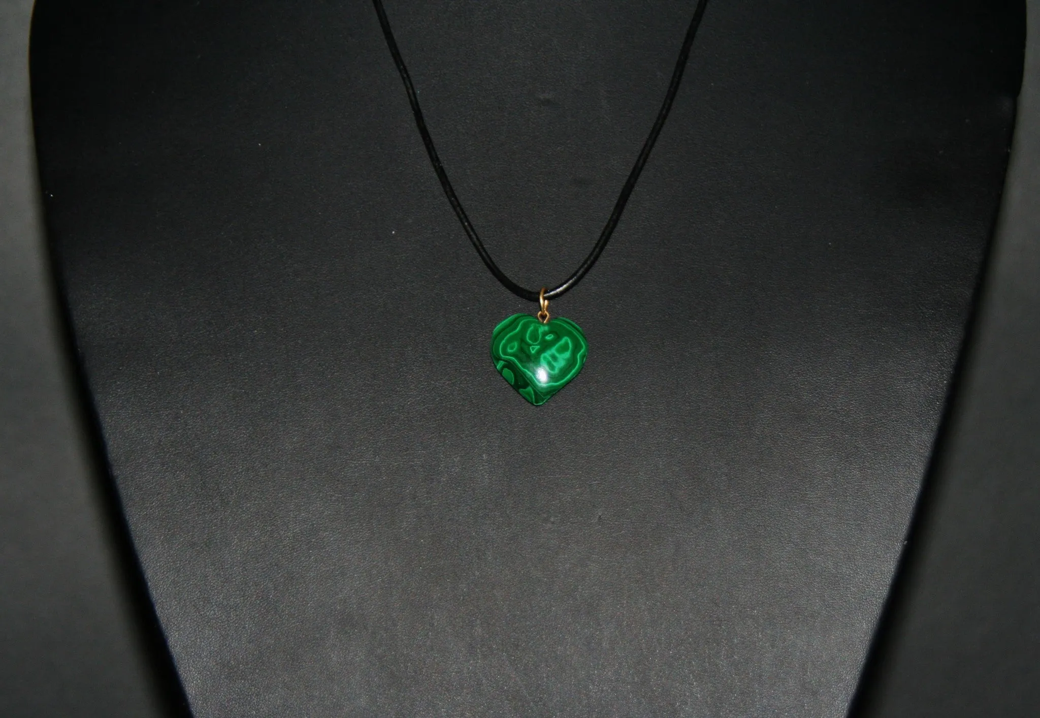 Malachite Heart Pendant Necklace on Black Leather 24" L