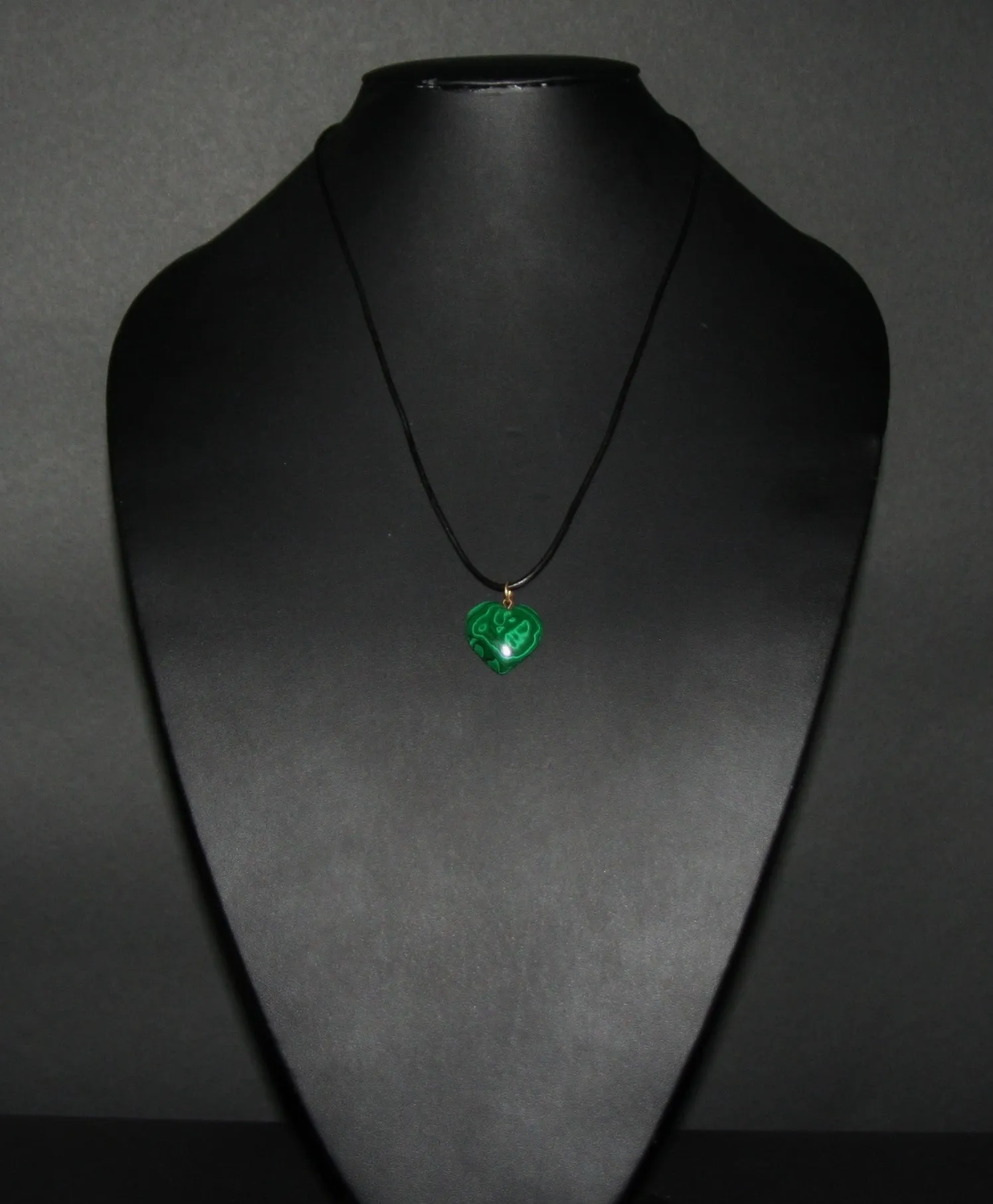 Malachite Heart Pendant Necklace on Black Leather 24" L