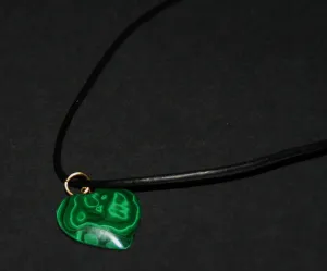 Malachite Heart Pendant Necklace on Black Leather 24" L