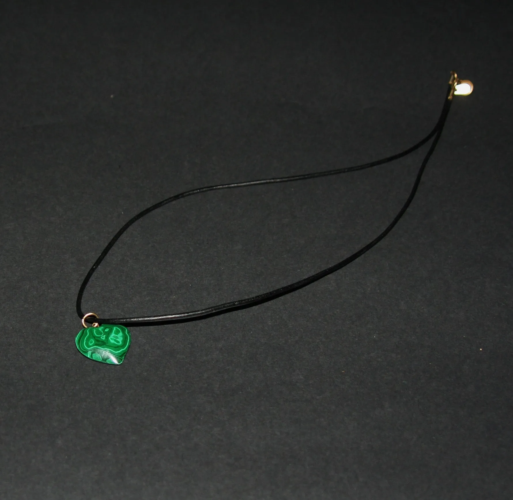 Malachite Heart Pendant Necklace on Black Leather 24" L