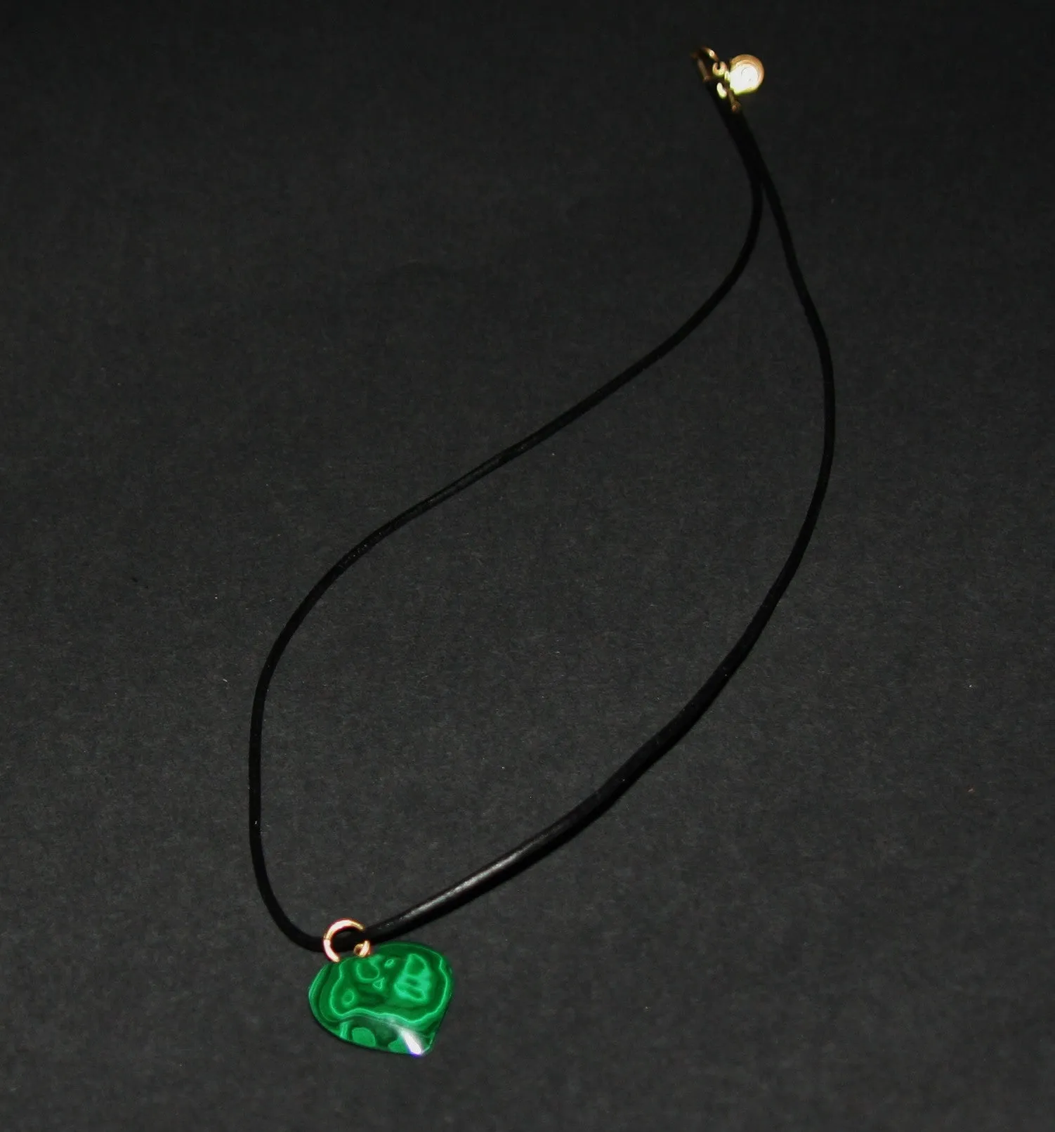 Malachite Heart Pendant Necklace on Black Leather 24" L