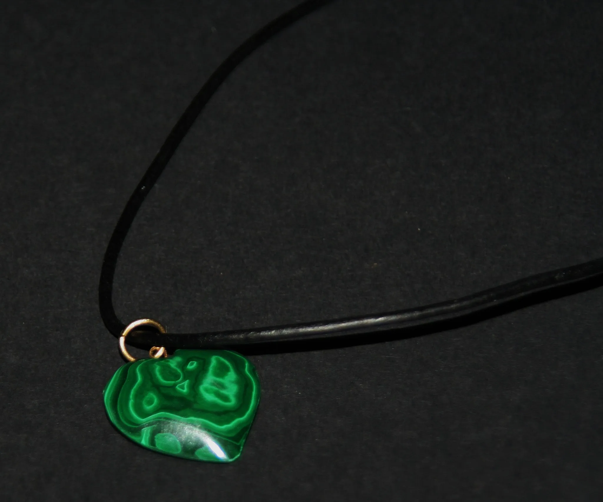Malachite Heart Pendant Necklace on Black Leather 24" L