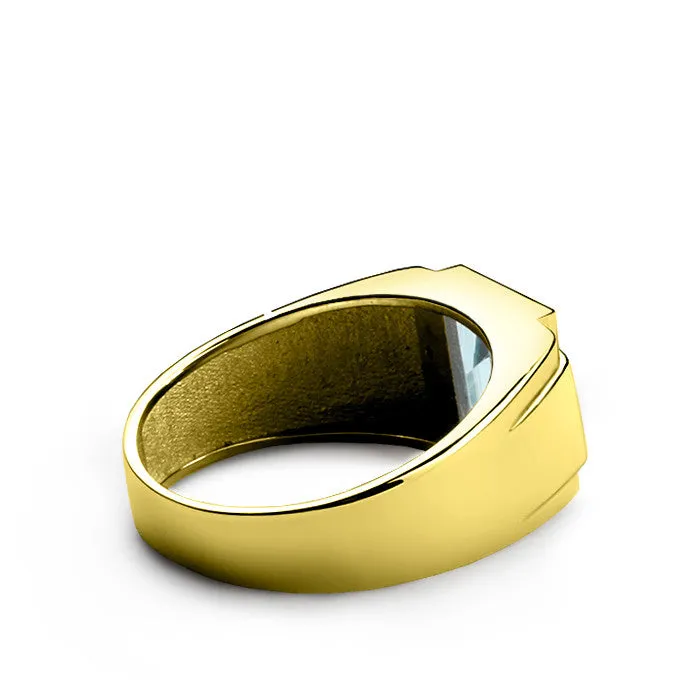 Men's Ring with Blue Topaz and Diamonds in 14k Yellow Gold