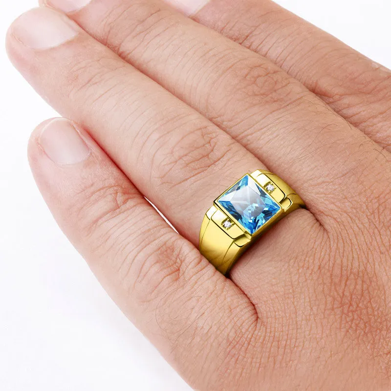 Men's Ring with Blue Topaz and Diamonds in 14k Yellow Gold