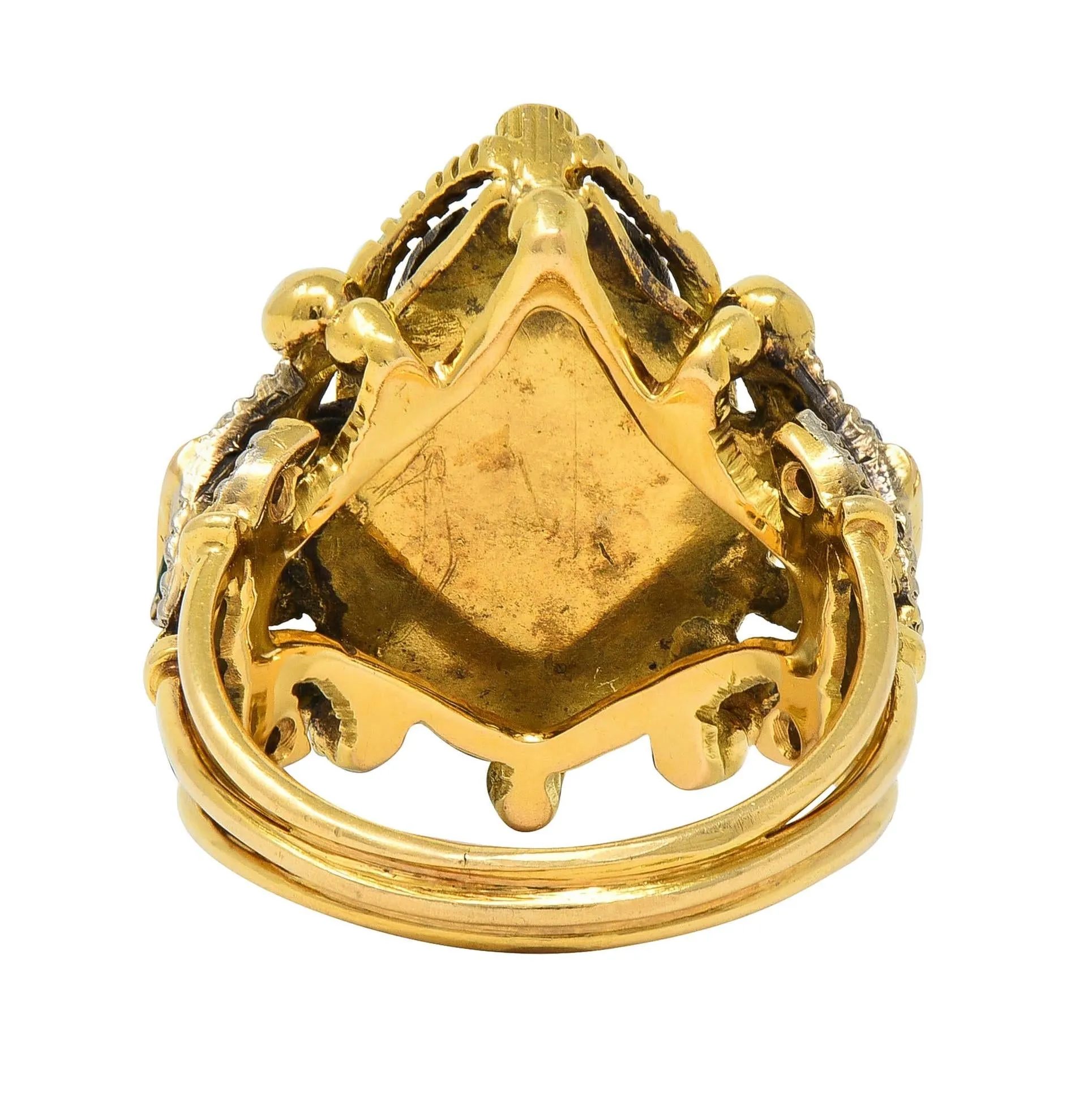 Mid-Century Egyptian Revival 1.32 CTW Diamond Emerald Ruby 18 Karat Gold  Scarab Ring