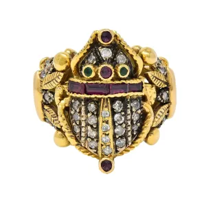 Mid-Century Egyptian Revival 1.32 CTW Diamond Emerald Ruby 18 Karat Gold  Scarab Ring