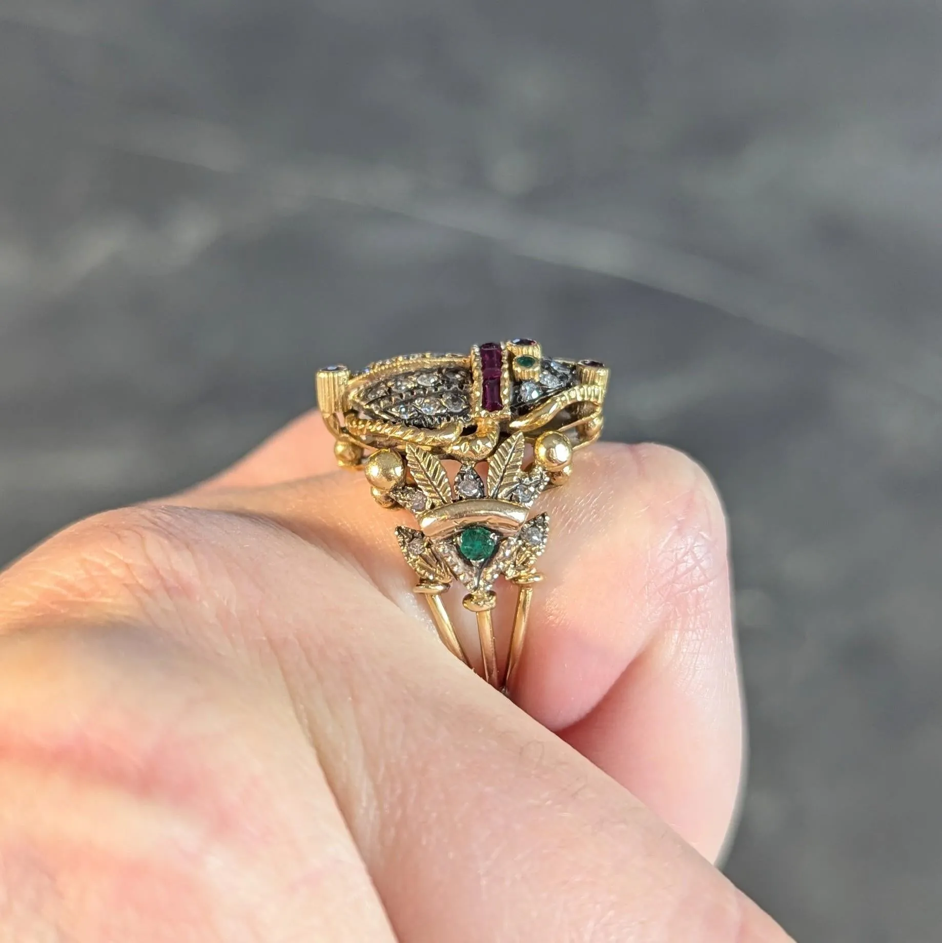 Mid-Century Egyptian Revival 1.32 CTW Diamond Emerald Ruby 18 Karat Gold  Scarab Ring