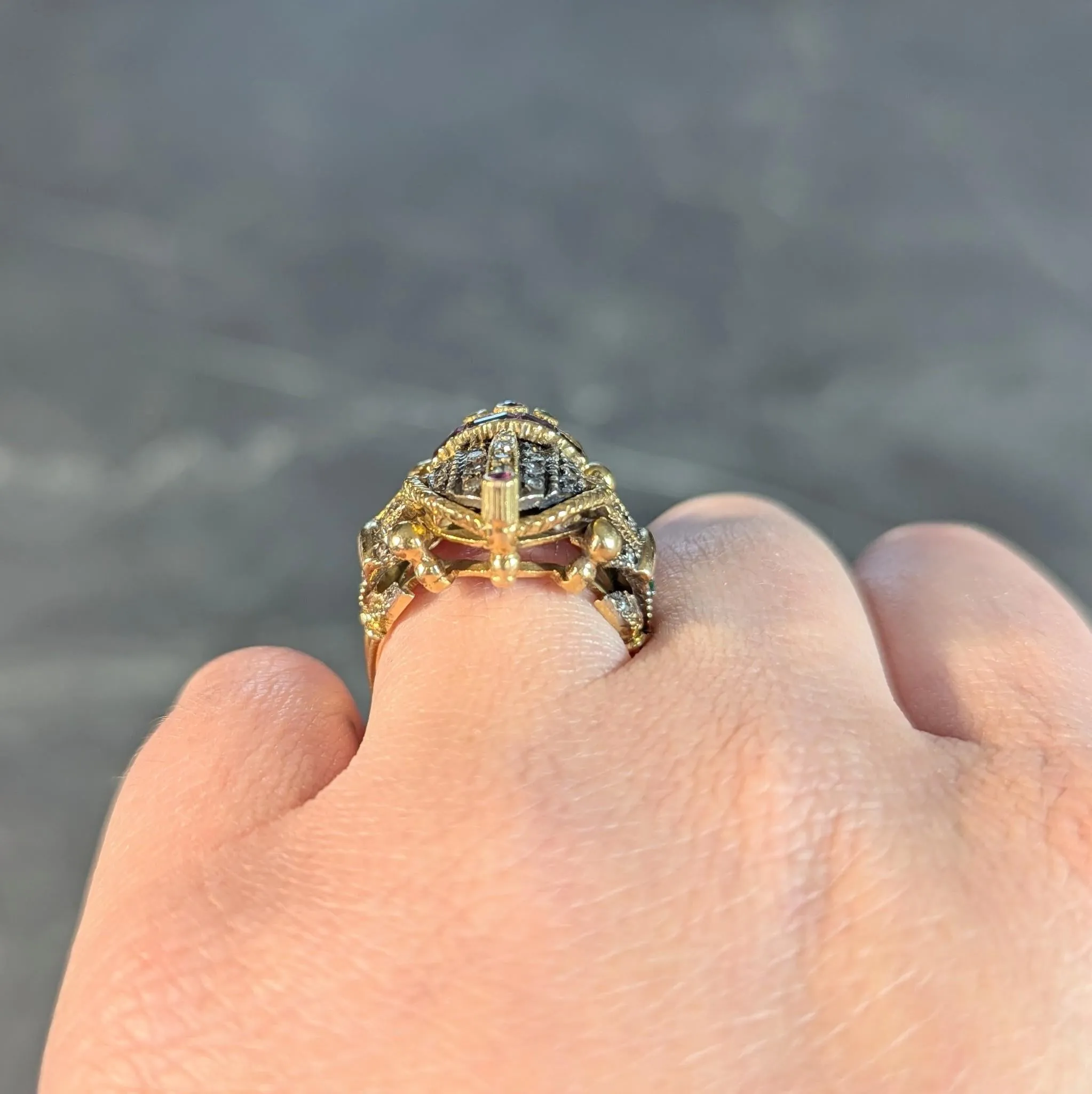 Mid-Century Egyptian Revival 1.32 CTW Diamond Emerald Ruby 18 Karat Gold  Scarab Ring