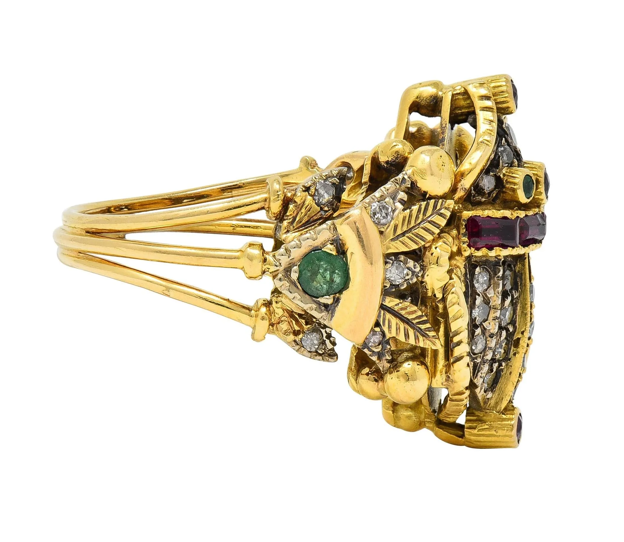 Mid-Century Egyptian Revival 1.32 CTW Diamond Emerald Ruby 18 Karat Gold  Scarab Ring