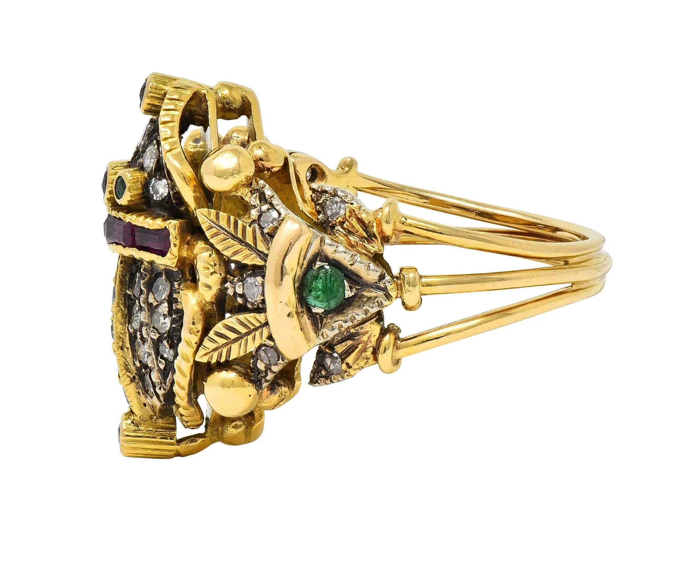 Mid-Century Egyptian Revival 1.32 CTW Diamond Emerald Ruby 18 Karat Gold  Scarab Ring