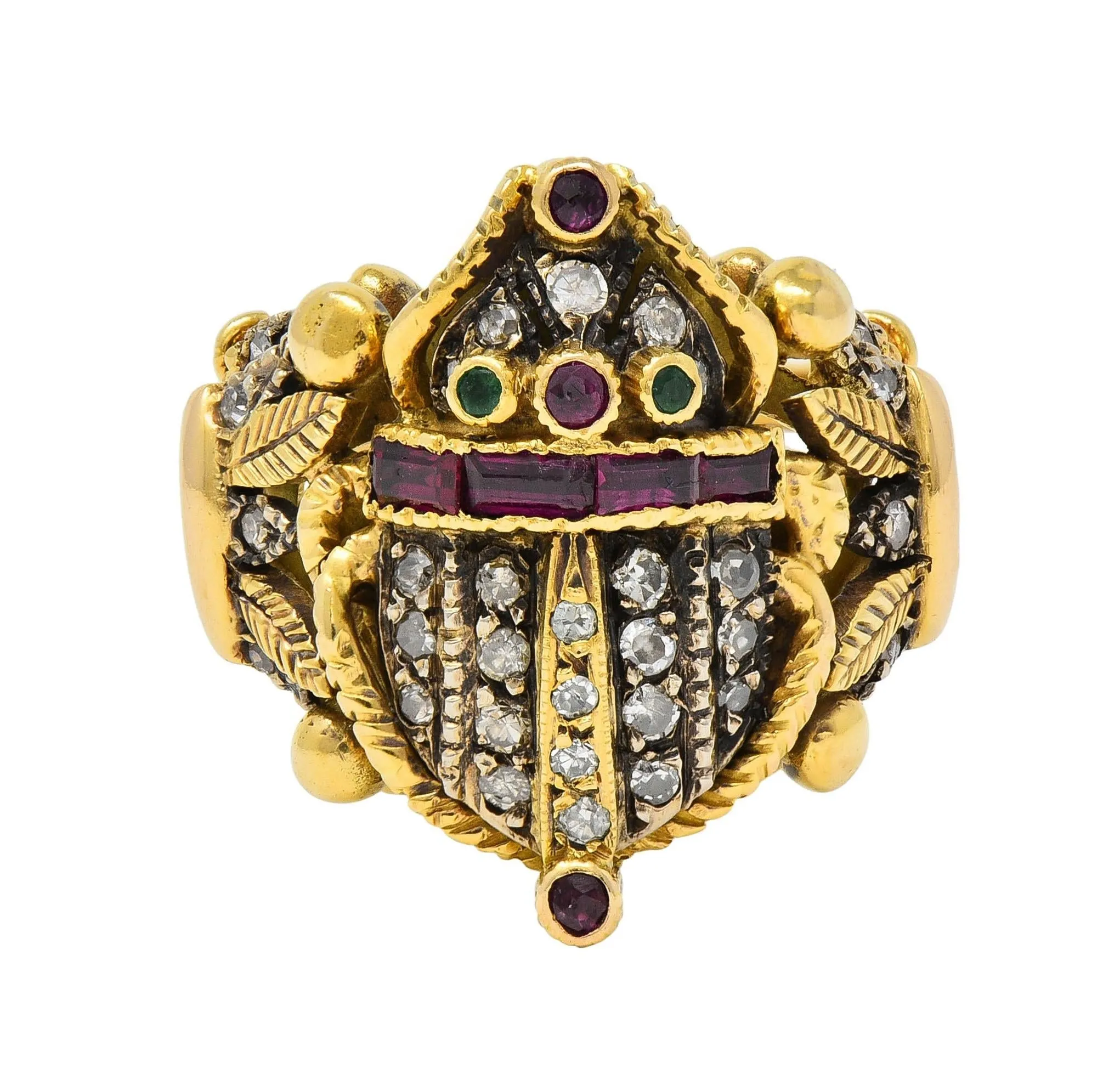 Mid-Century Egyptian Revival 1.32 CTW Diamond Emerald Ruby 18 Karat Gold  Scarab Ring