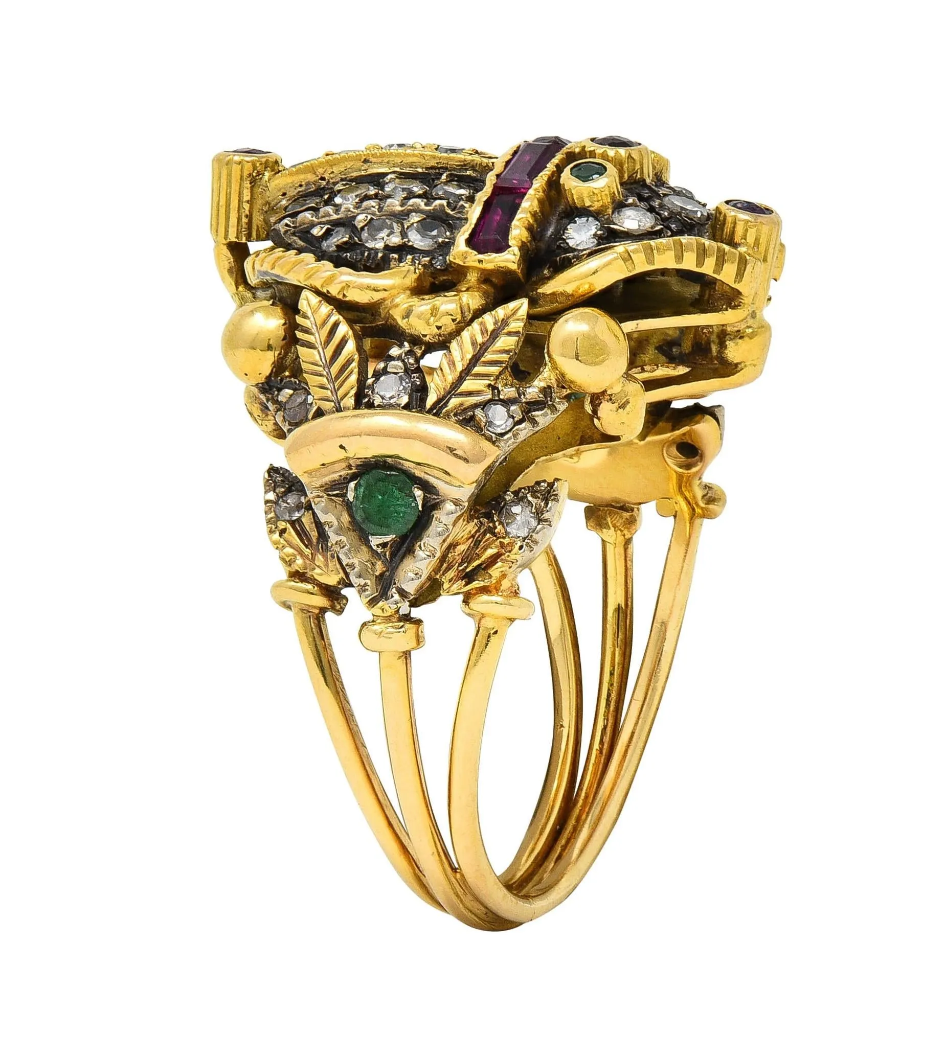 Mid-Century Egyptian Revival 1.32 CTW Diamond Emerald Ruby 18 Karat Gold  Scarab Ring