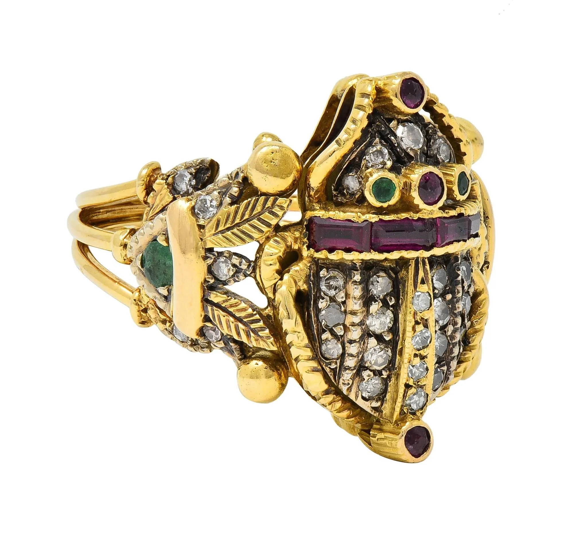 Mid-Century Egyptian Revival 1.32 CTW Diamond Emerald Ruby 18 Karat Gold  Scarab Ring