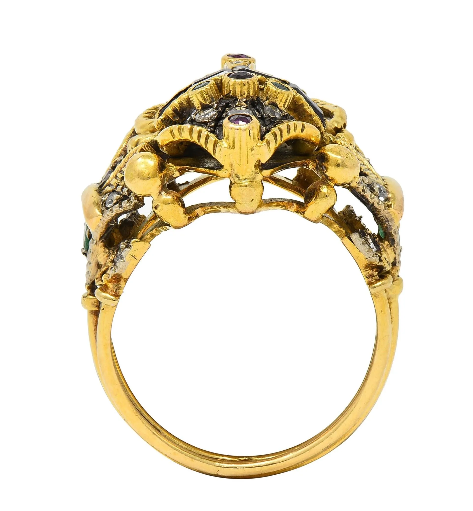 Mid-Century Egyptian Revival 1.32 CTW Diamond Emerald Ruby 18 Karat Gold  Scarab Ring