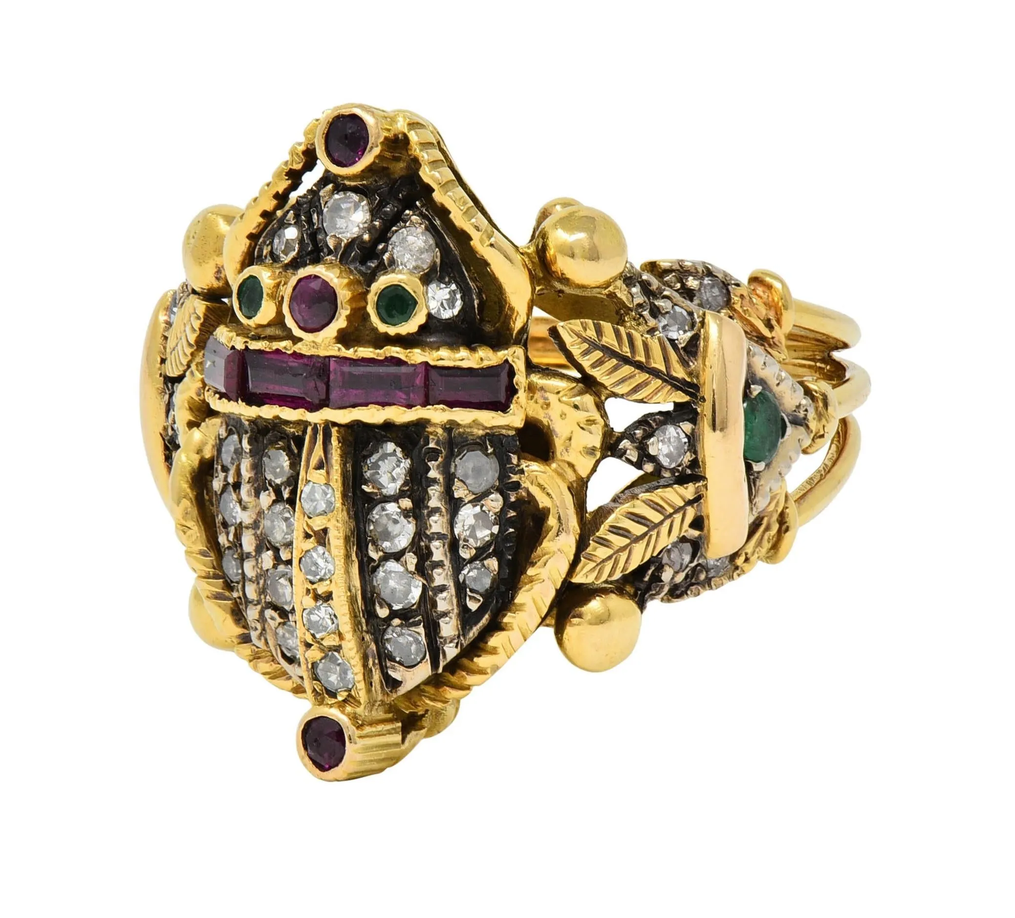 Mid-Century Egyptian Revival 1.32 CTW Diamond Emerald Ruby 18 Karat Gold  Scarab Ring
