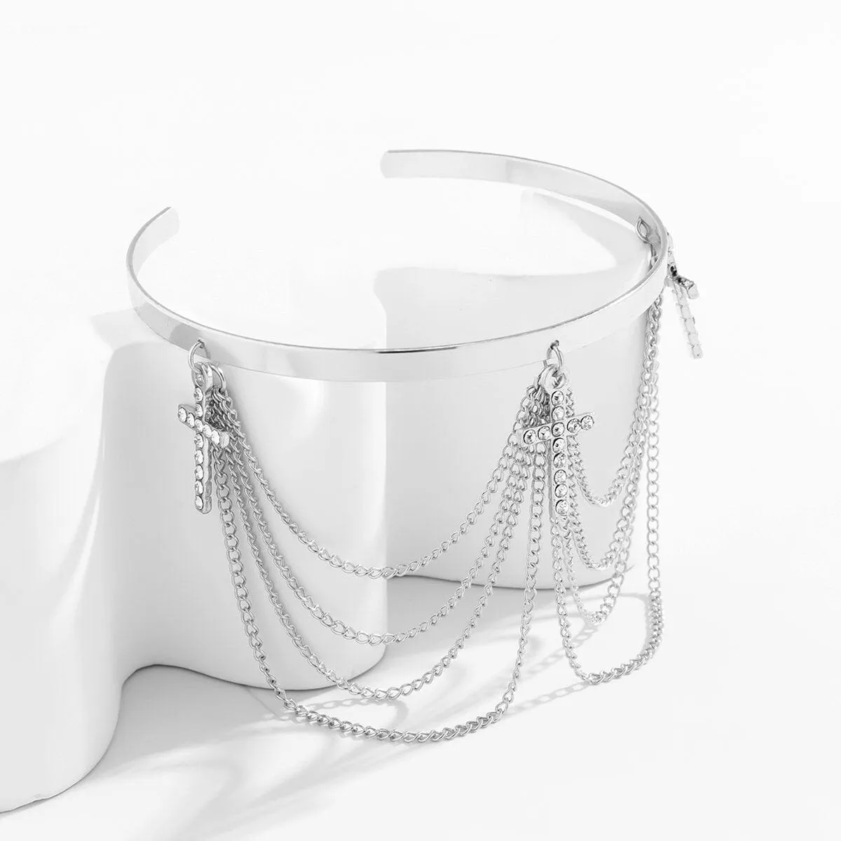 Minimalist Layered CZ Inlaid Cross Chain Tassel Arm Cuff