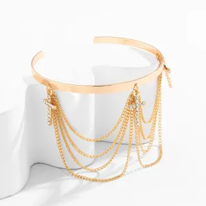 Minimalist Layered CZ Inlaid Cross Chain Tassel Arm Cuff