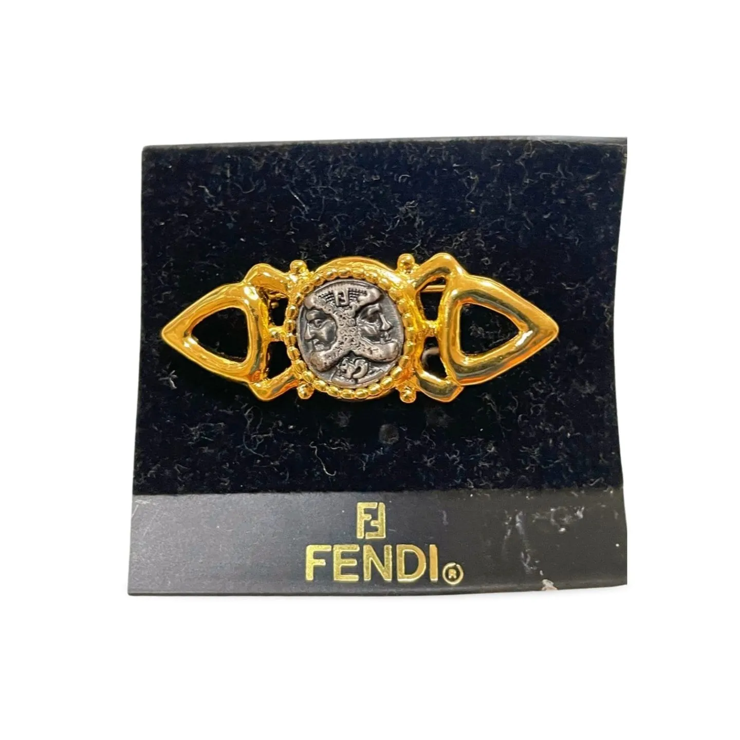 MINT. Vintage FENDI gold and gunmetal Jenus brooch pin, hat pin with FF mark. Can be used as a brooch pin, jacket brooch pin too. 060123ac2