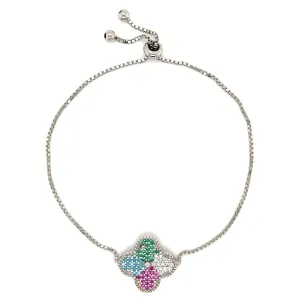 Multicolored Cubic Zirconia Sterling Silver Flower Adjustable Bracelet - C3359
