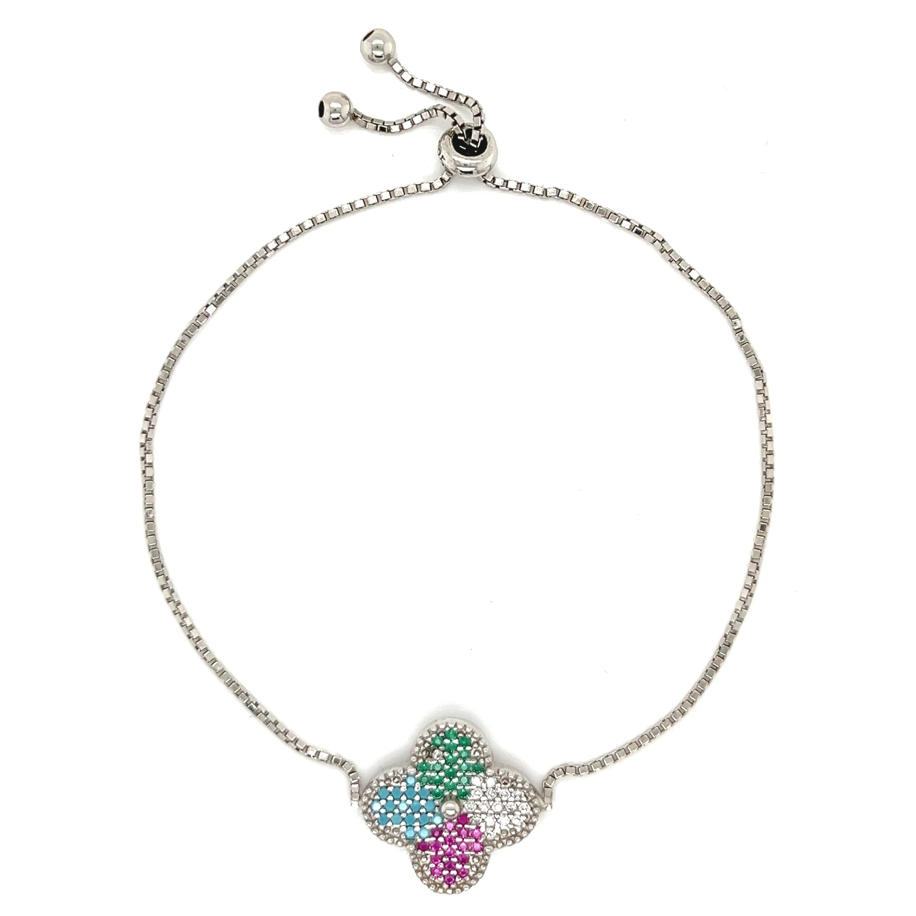 Multicolored Cubic Zirconia Sterling Silver Flower Adjustable Bracelet - C3359