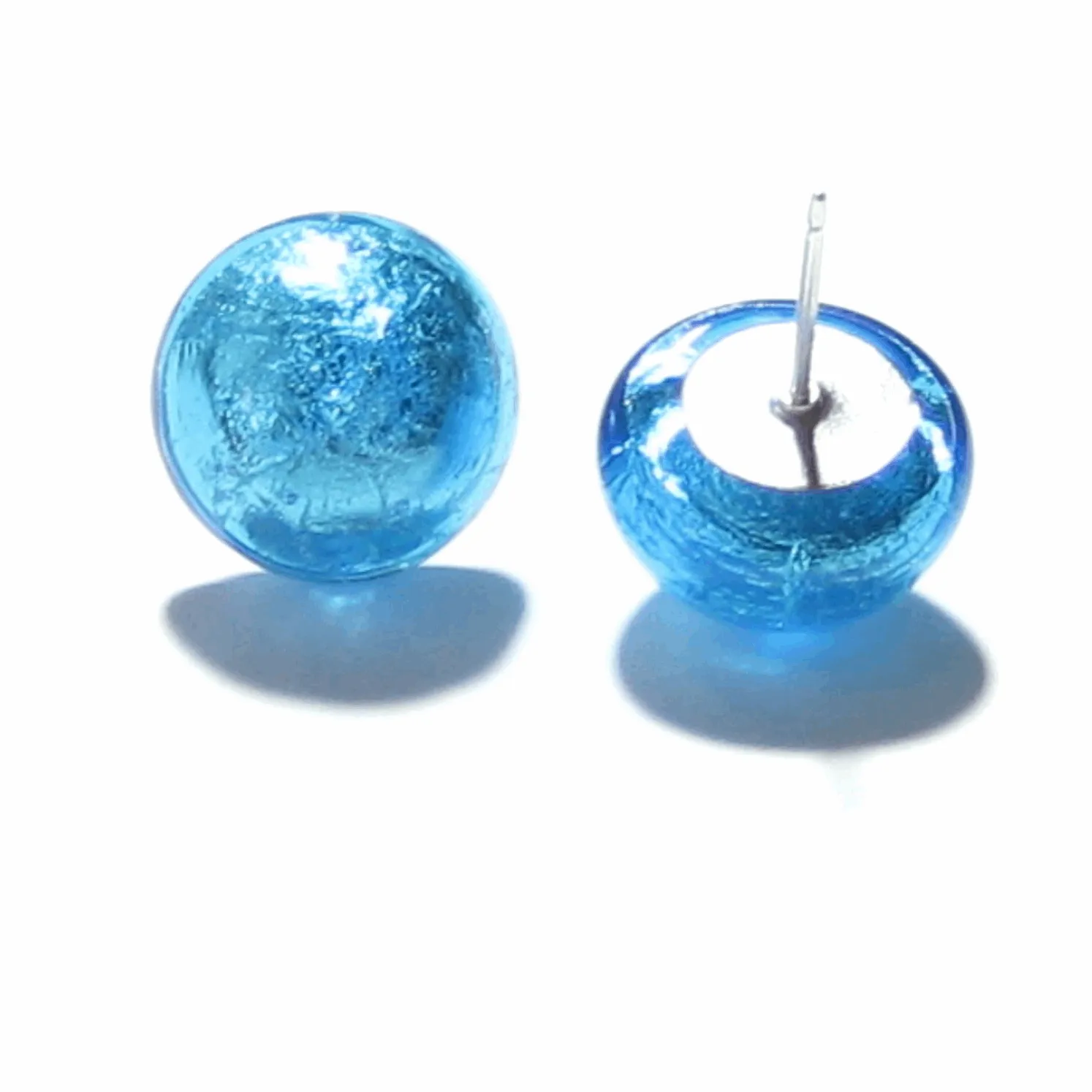 Murano Glass Aqua Silver Button Post Earrings, Sterling Silver Stud Earrings