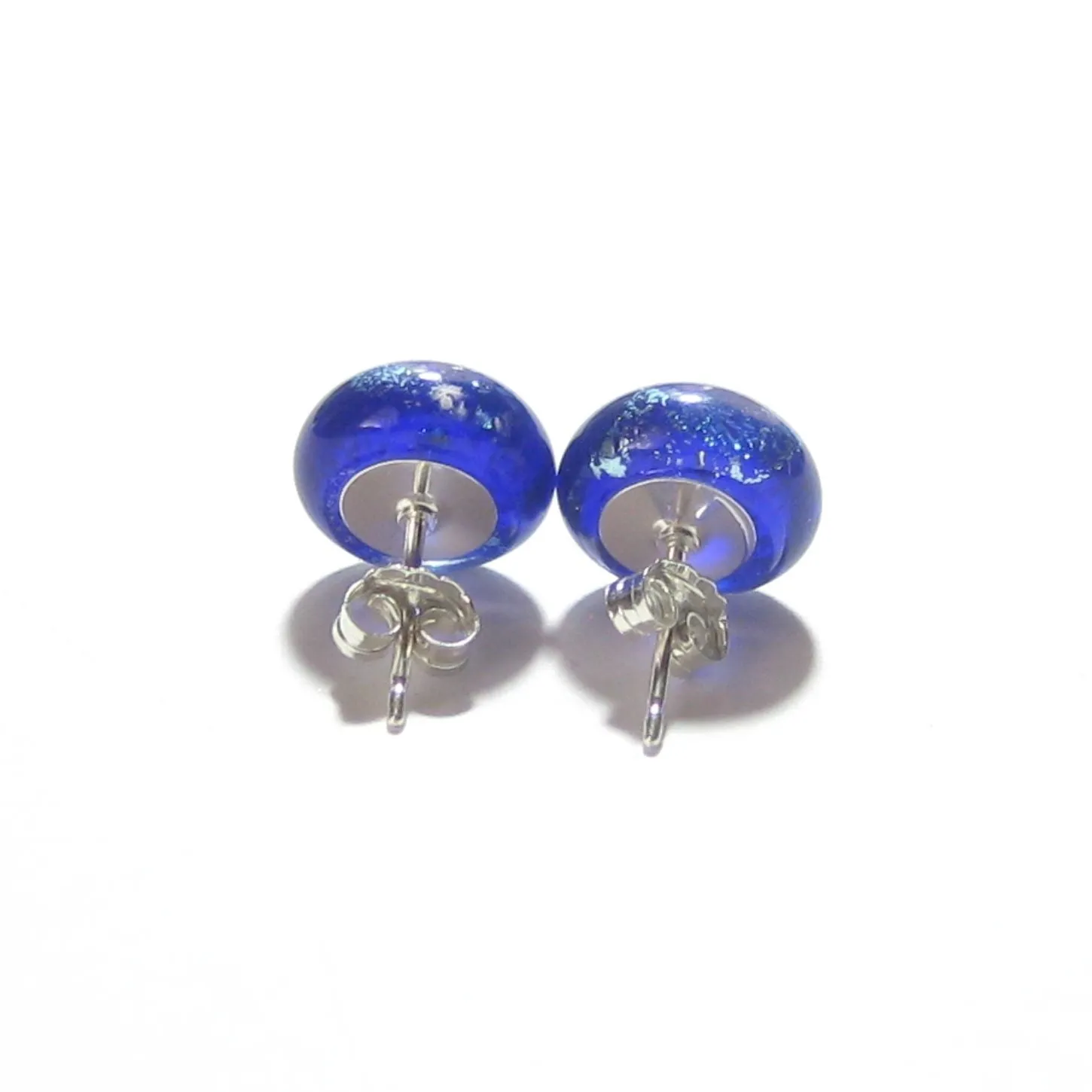 Murano Glass Cobalt Blue Silver Dichroic Button Earrings, 10mm, Stud Earrings