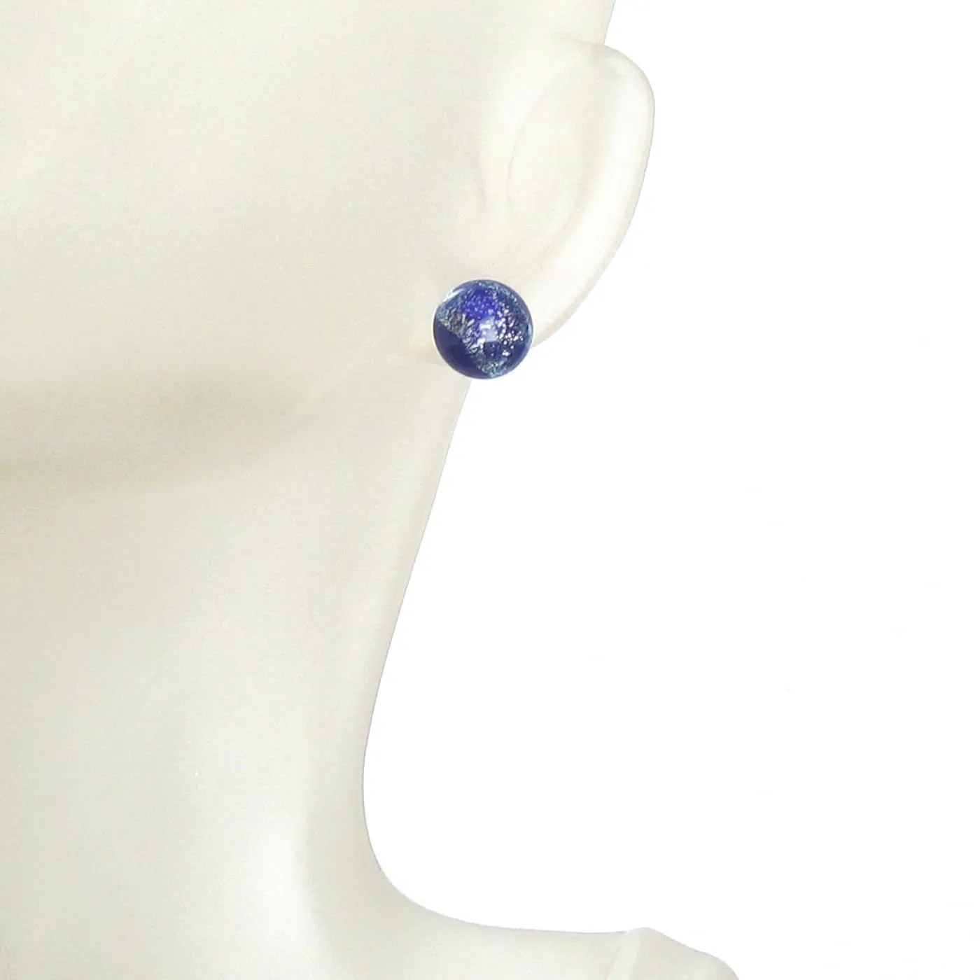 Murano Glass Cobalt Blue Silver Dichroic Button Earrings, 10mm, Stud Earrings