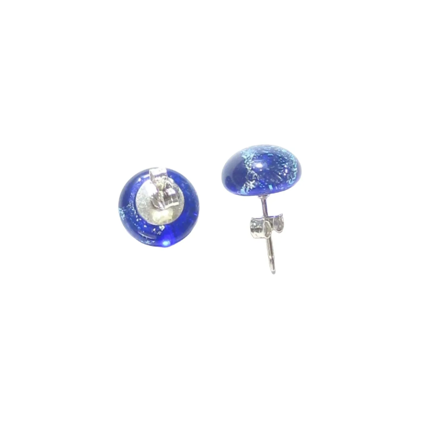 Murano Glass Cobalt Blue Silver Dichroic Button Earrings, 10mm, Stud Earrings