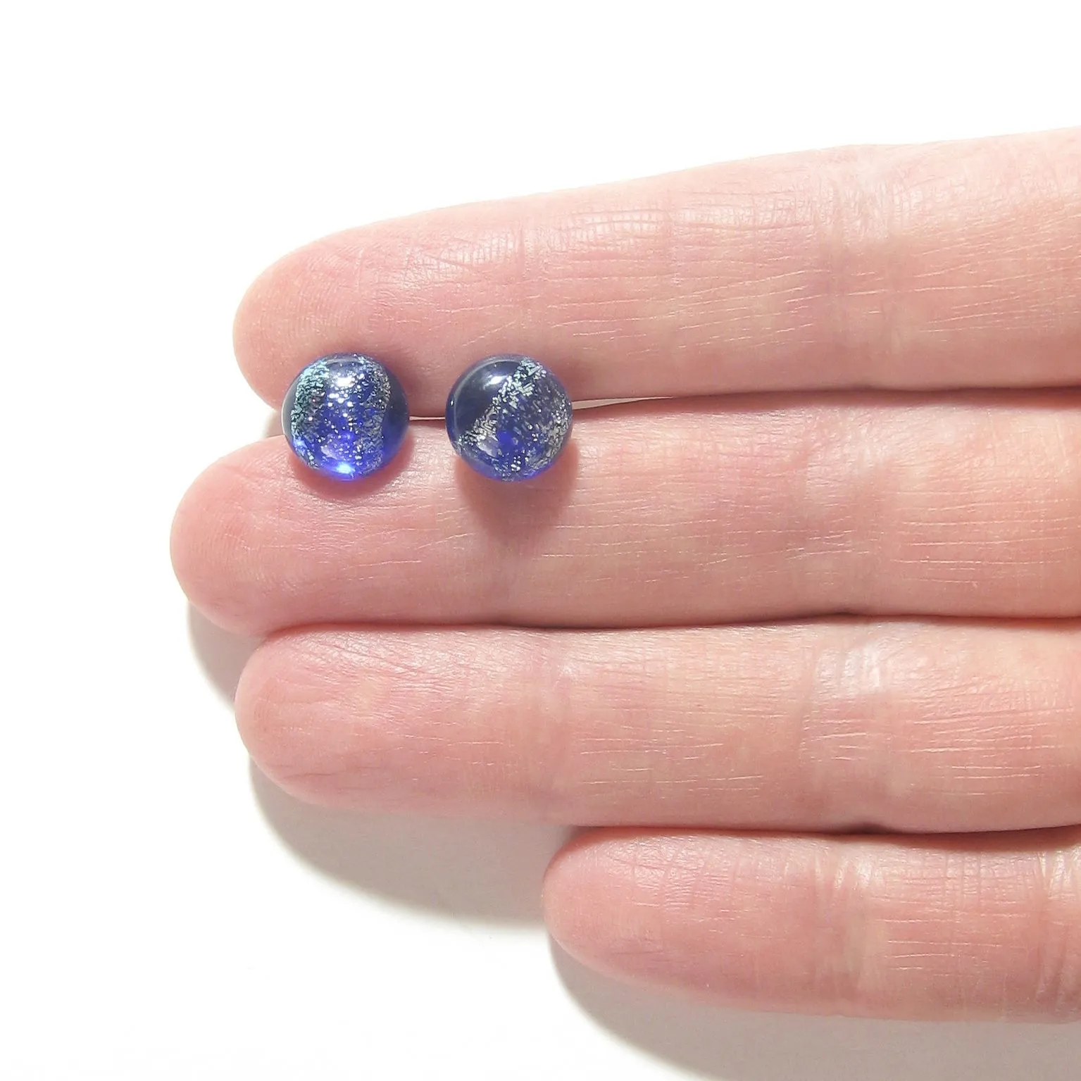 Murano Glass Cobalt Blue Silver Dichroic Button Earrings, 10mm, Stud Earrings