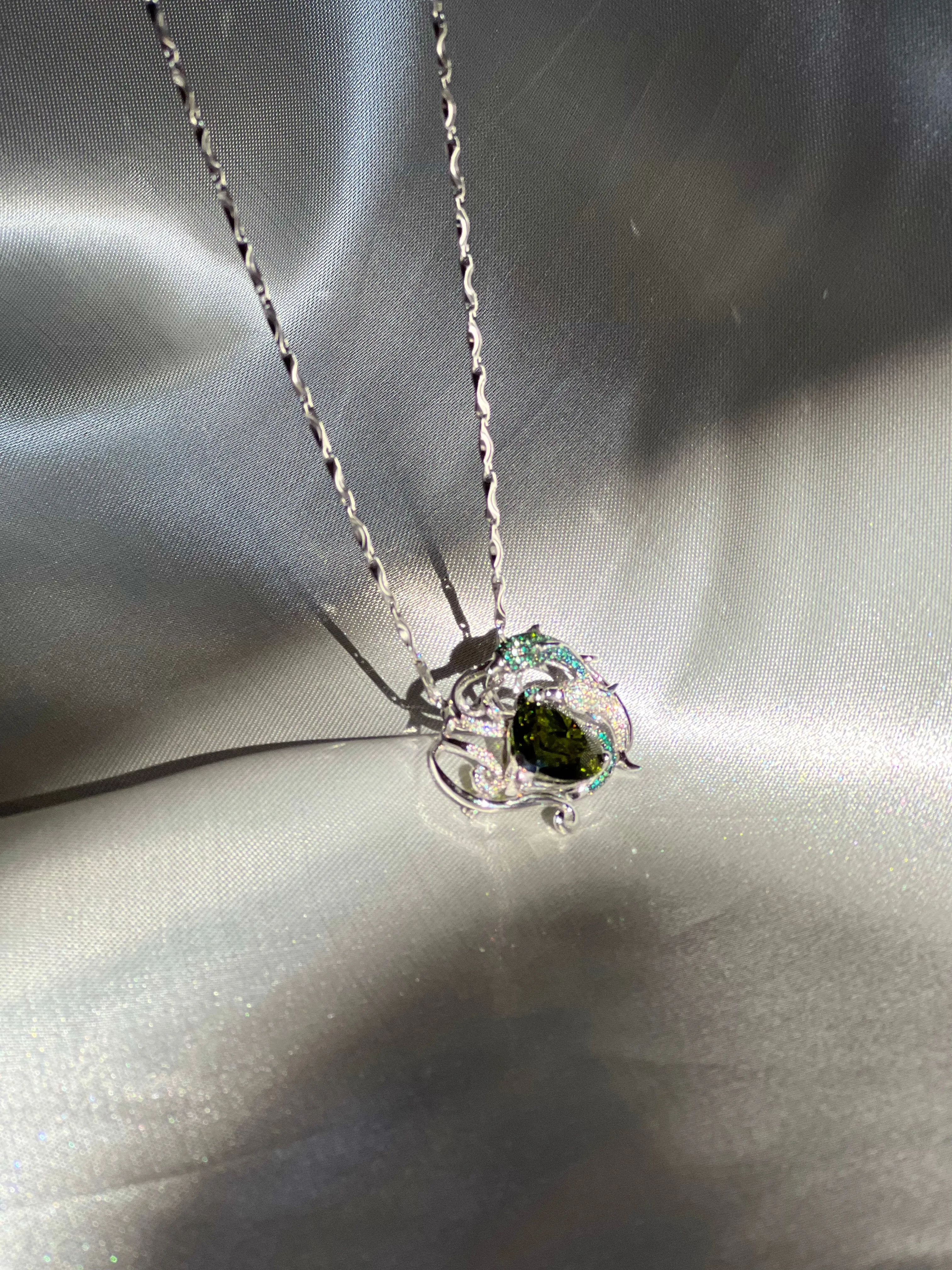 Natural 7.5Ct Green Tourmaline with Tsavorite and Diamond Dolphins Pendant Brooch in 18K White Gold