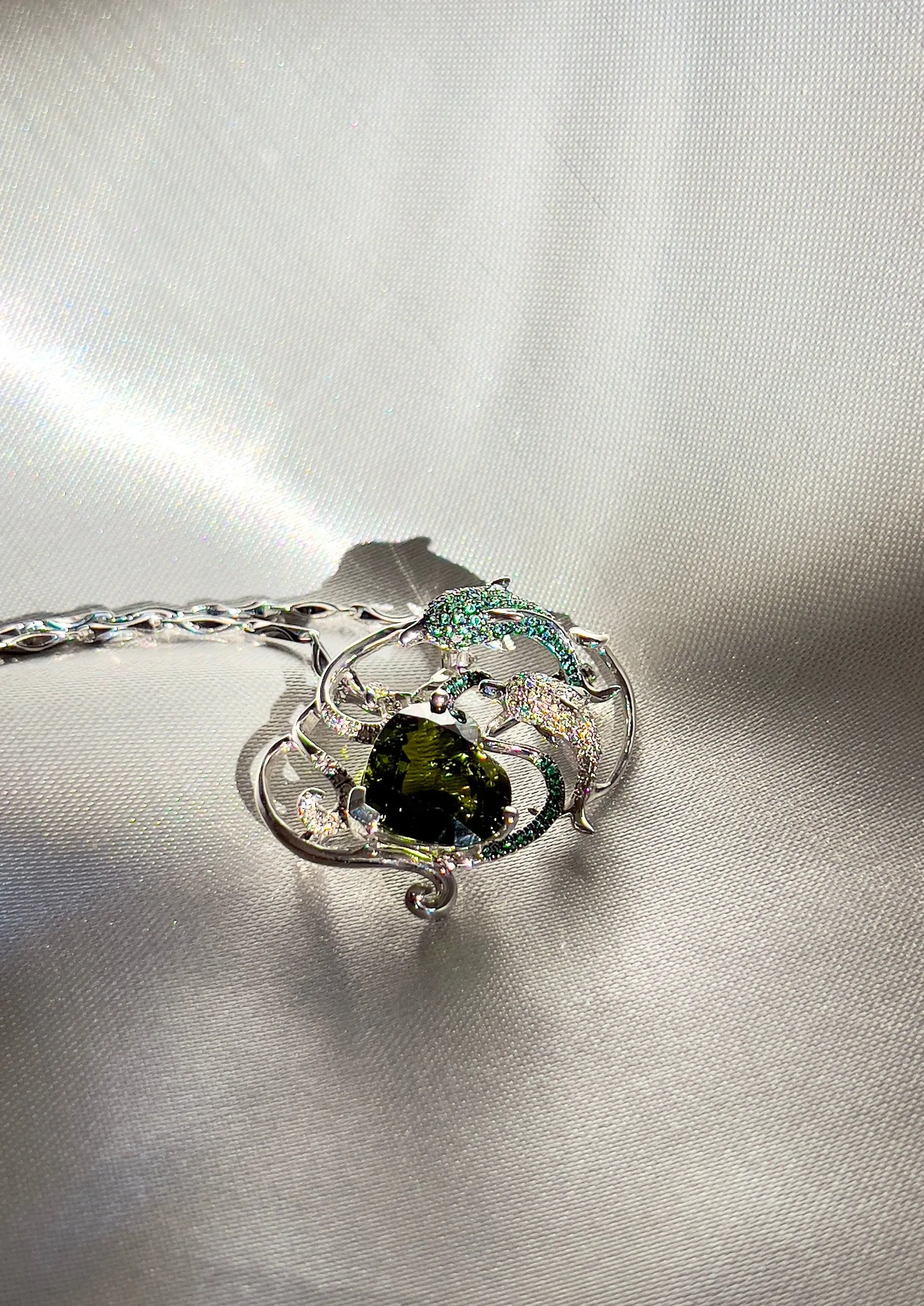 Natural 7.5Ct Green Tourmaline with Tsavorite and Diamond Dolphins Pendant Brooch in 18K White Gold