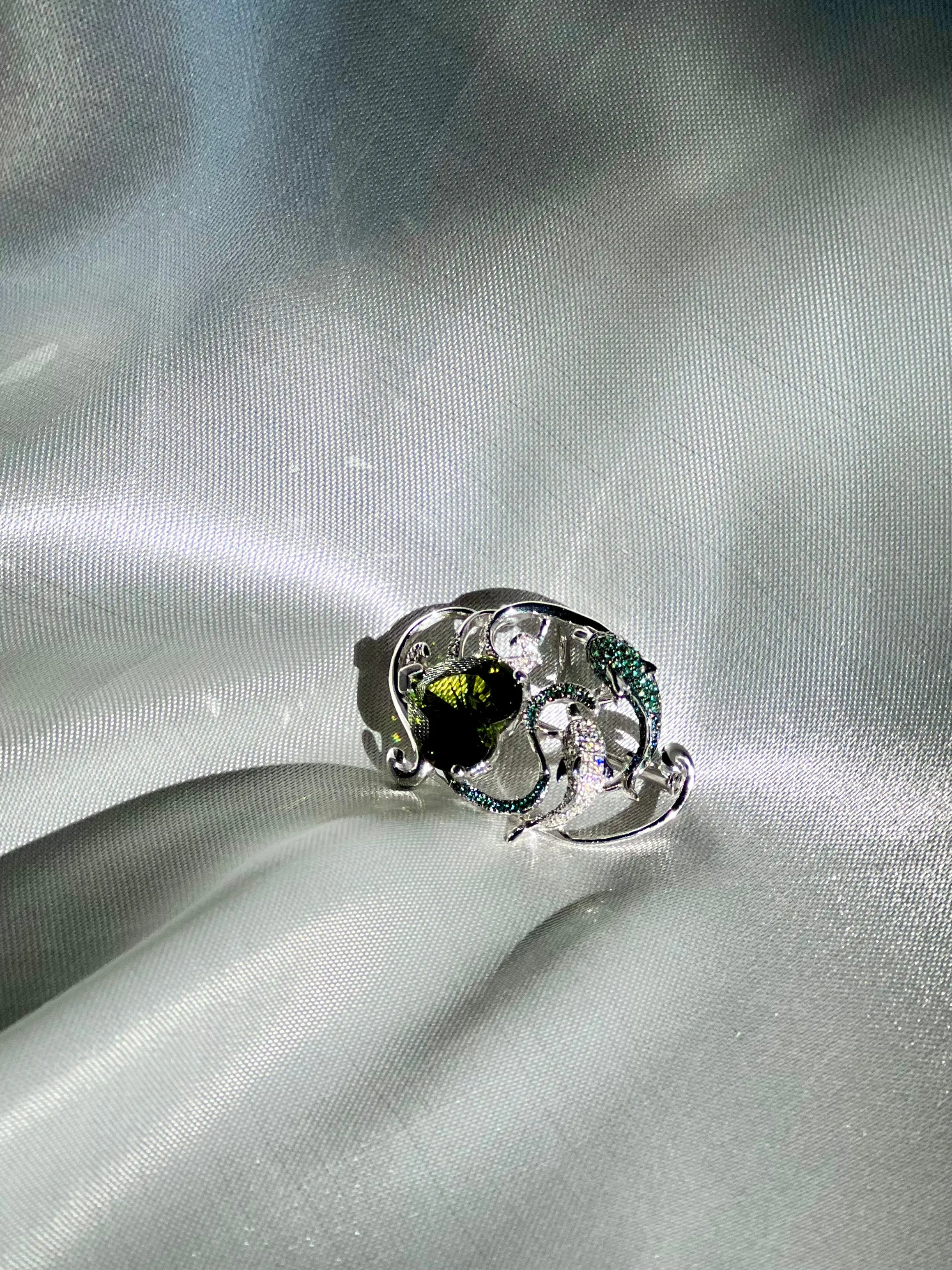 Natural 7.5Ct Green Tourmaline with Tsavorite and Diamond Dolphins Pendant Brooch in 18K White Gold